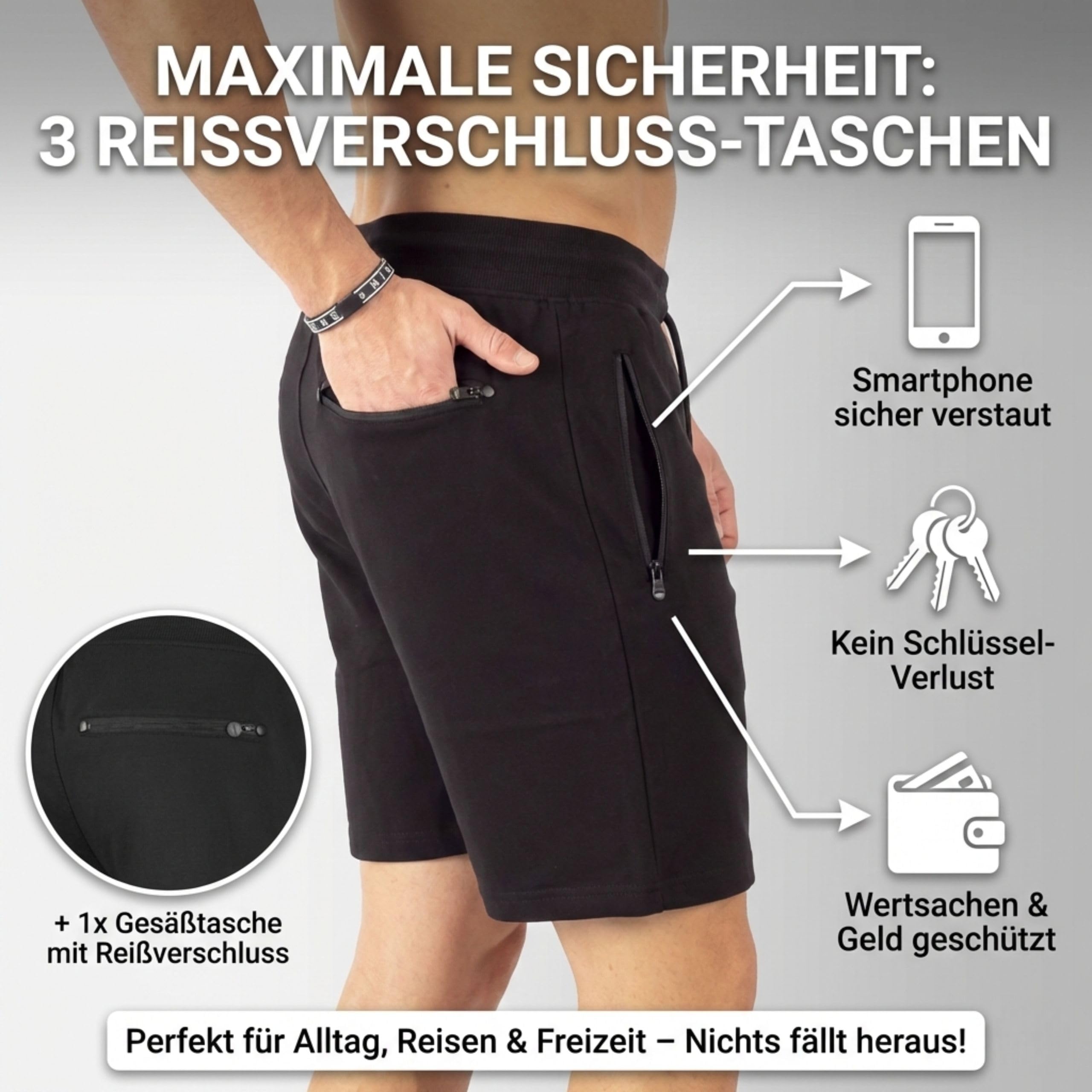 Mount Swiss Pantalon Court Homme Liam I Short Court Homme avec Poches - 2 Poches latérales et 1 Poche arrière chacune avec Fermeture éclair I Short de Sport Homme