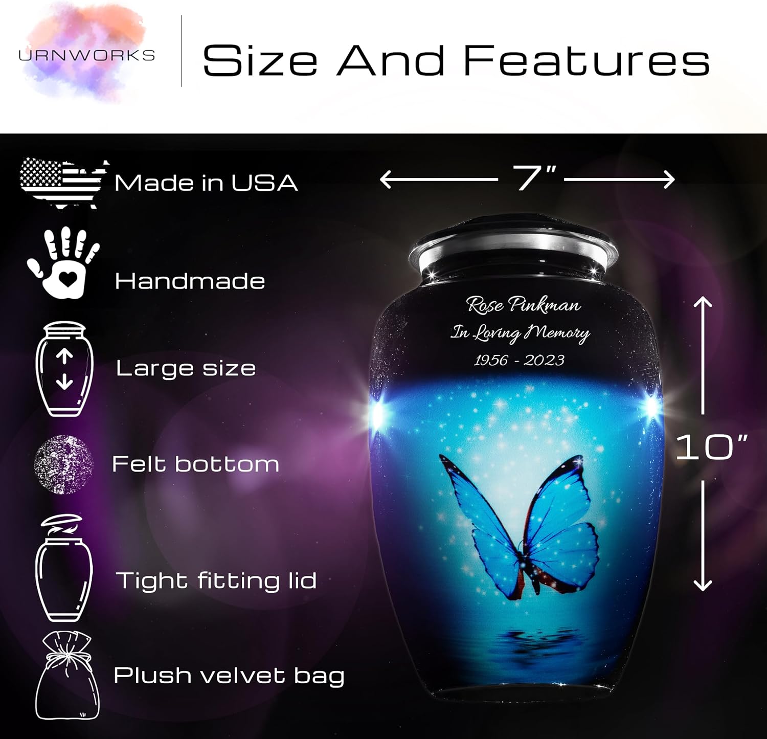 Blue Butterfly Cremation Urn for Human Ashes – Personalized Memorial Tribute in Glossy Blue, Custom Name & Dates, Large Adult Keepsake, Made in USA