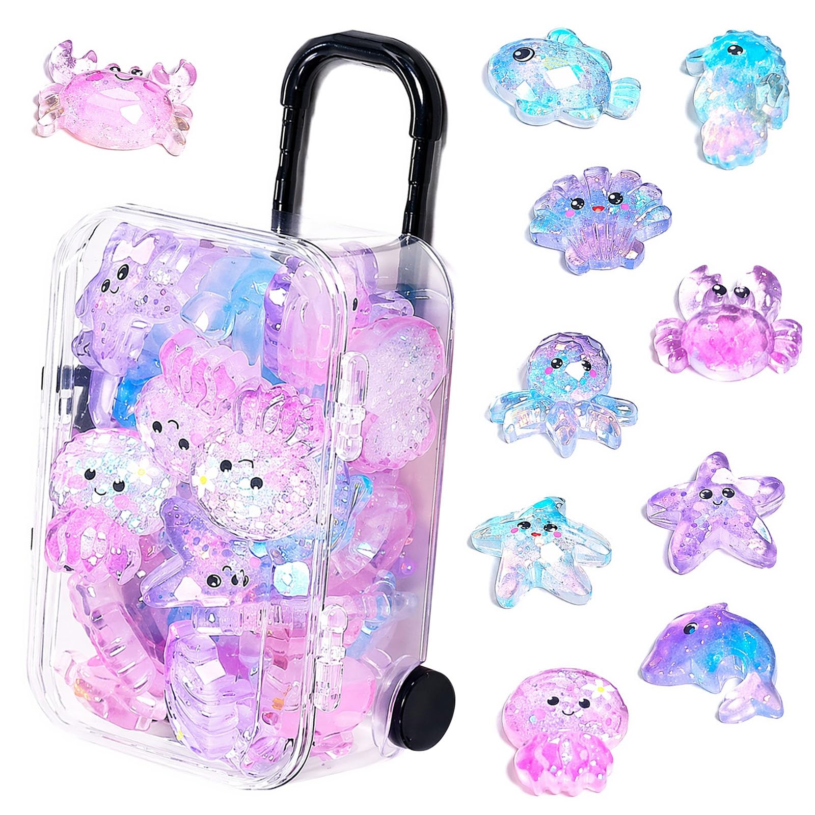 35 Pcs Mini Resin Ocean Animals with Suitcase, Miniature Sea Creatures Figurines for Fish Tank Decor, Fairy Garden Accessories & DIY Crafts, Realistic Glass-Like Pets Toys