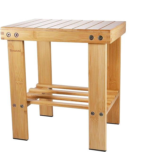 Yoassi Step Stool, Heavy Duty Bamboo Multi Purpose Anti-slip Step Stool&Seat With a Storage Shelf for Kids or Adults, 100% Natural Bamboo(M)