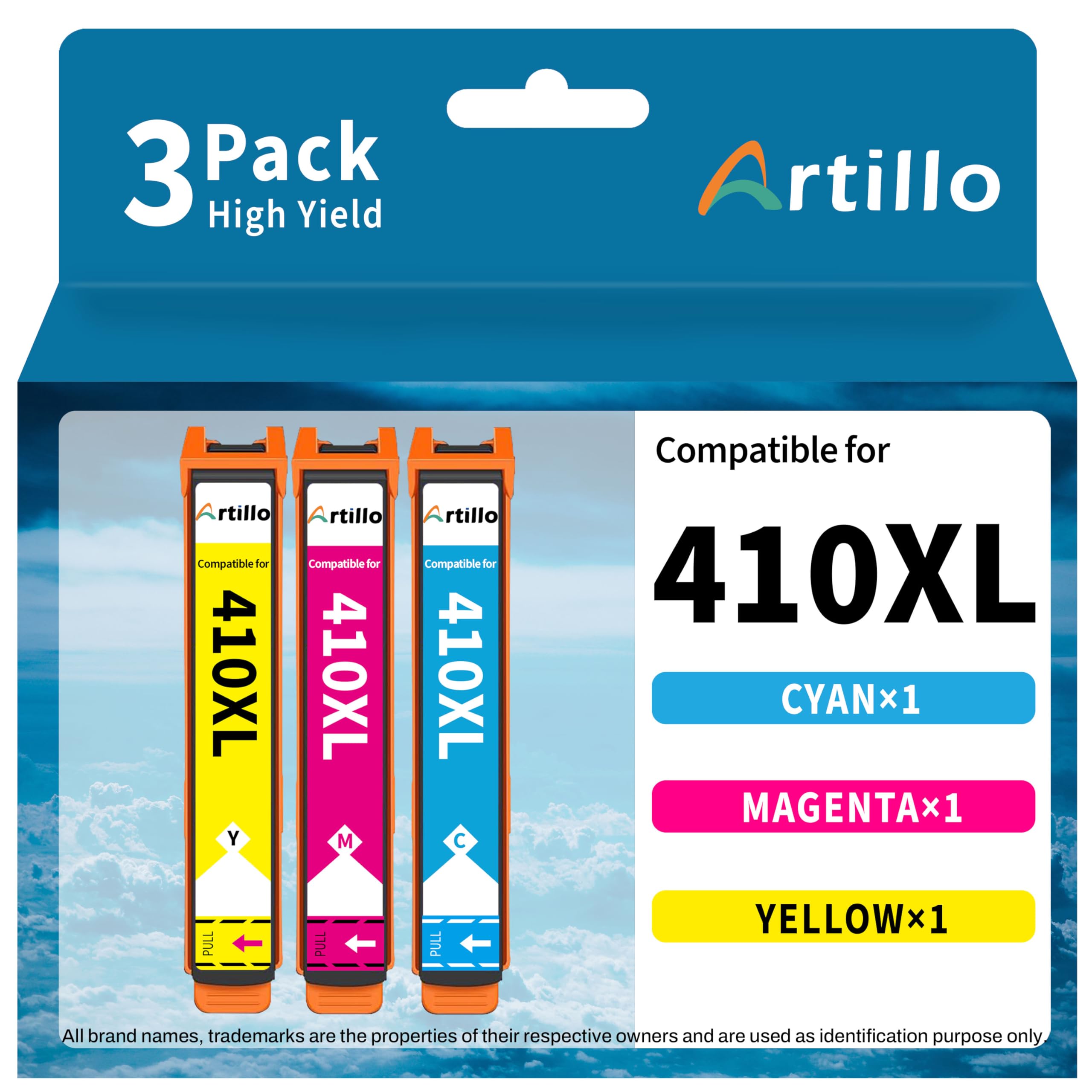 Artillo Remanufactured Ink Cartridges Replacement for Epson 410 Color Ink Cartridges 410XL T410 T410XL for Expression XP-640 XP-830 XP-7100 XP-635 XP-630 XP-530 Printer (Cyan, Magenta, Yellow, 3 Pack)