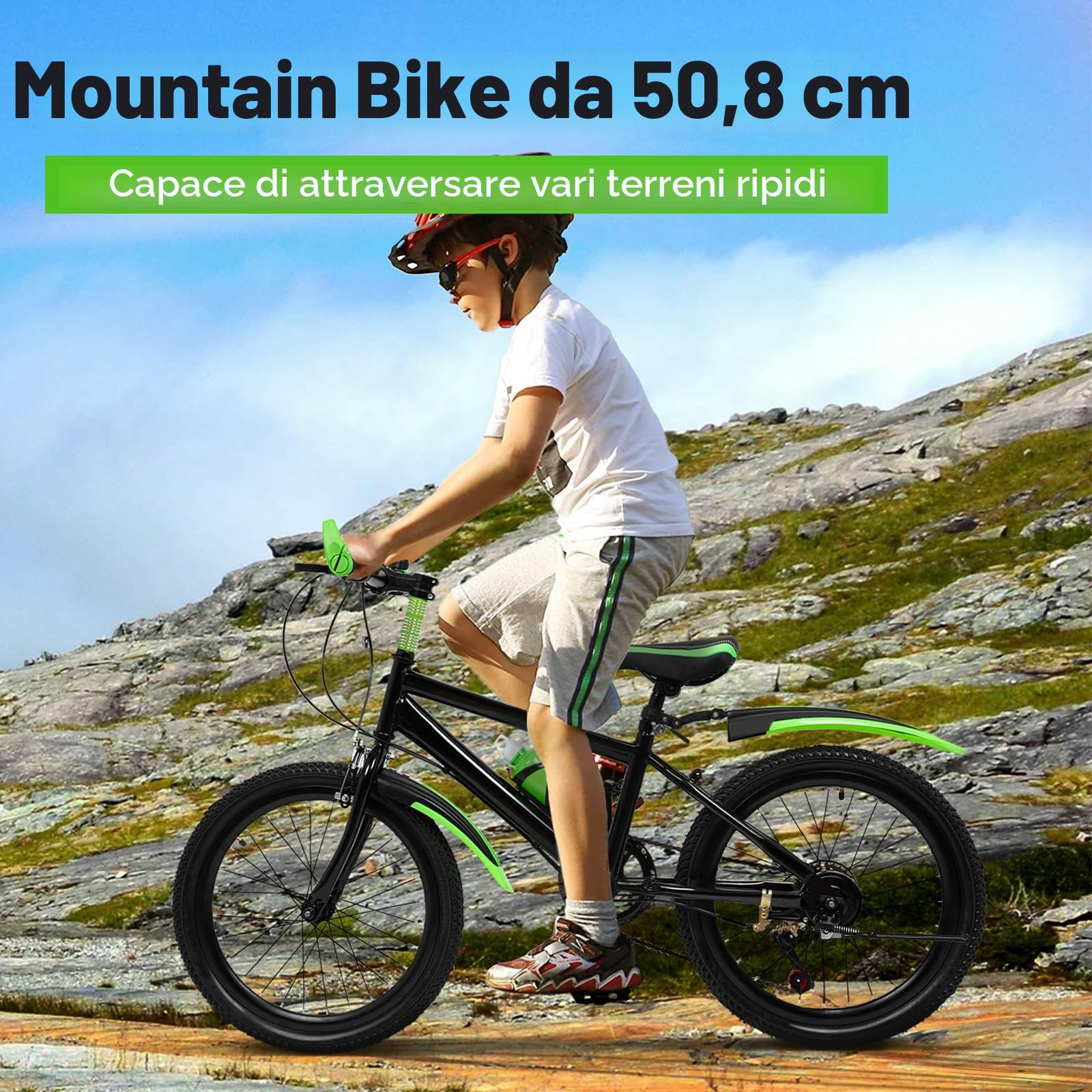 Mountain bike da 20 pollici, bicicletta per bambini con borraccia a 7 marce, con parafanghi anteriori e posteriori e sella regolabile in altezza, adatto per ragazzi e ragazze