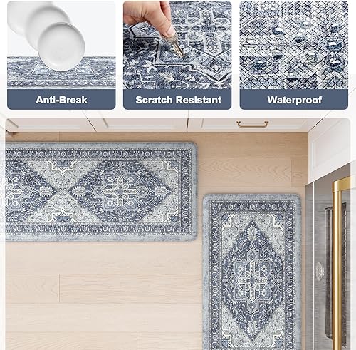 Vista 74 de KIMODE - Juego de 2 tapetes de cocina antifatiga, estilo vintage, antideslizantes, impermeables, ergonómicos, acolchados, cómodos para lavandería