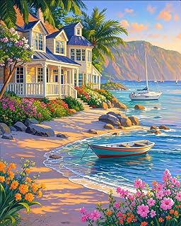 AWUJON Paint by Numbers Kit for Adults Beginners, Beach House and Boats 16" Wx20 L Canvas for Painting Kits for Adults, DIY Acrylic Painting on Canvas for Home Wall Art Decor （Without Frame） ﻿ ﻿