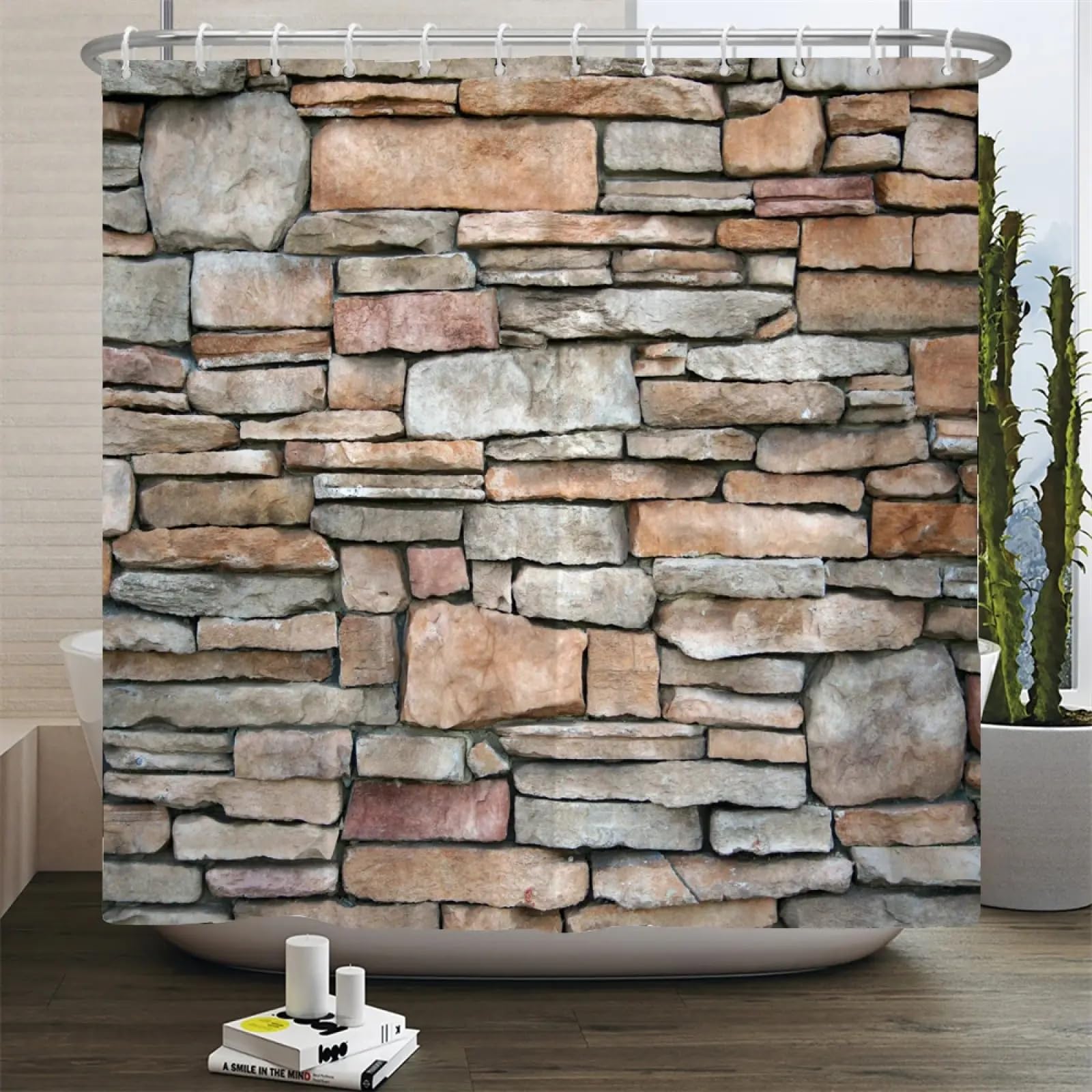 Rideau de douche imperméable en tissu polyester aspect pierre mural 175x220cm
