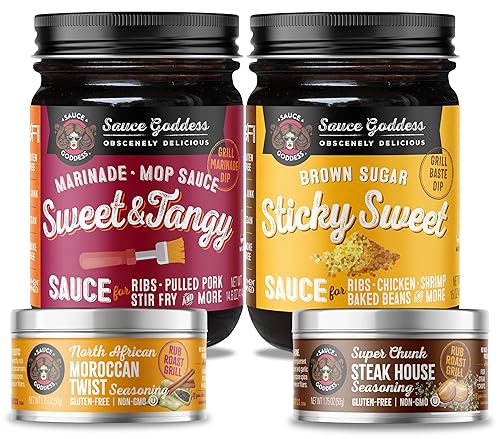 Sauce Goddess Oferta de dúo de salsa y especias (dulce y picante, dulce pegajoso, marroquí Twist & Steak House) 2 frascos (15 onzas) de salsa BBQ y