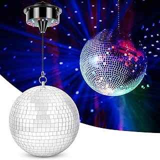 Meagoo Disco Ball with Motor and Light, 8" Hanging Mirror Ball and 6RPM Batteries Powered Rotating Motor with 4 Light Colo...