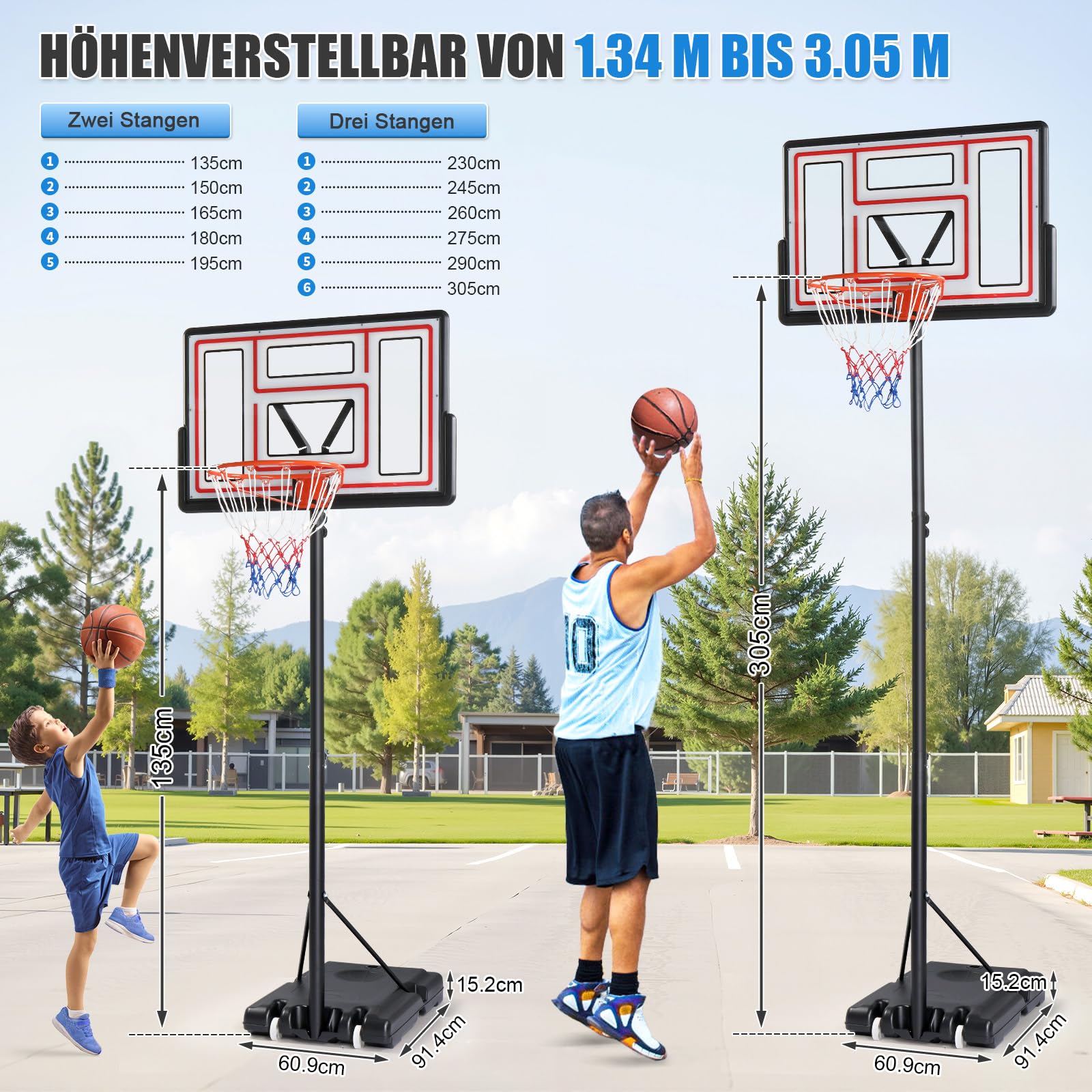LEADZM Canasta de baloncesto exterior con soporte y ruedas, 2 redes, pelota de baloncesto para adultos y niños, altura ajustable para jardín y patio, 135-305 cm de altura
