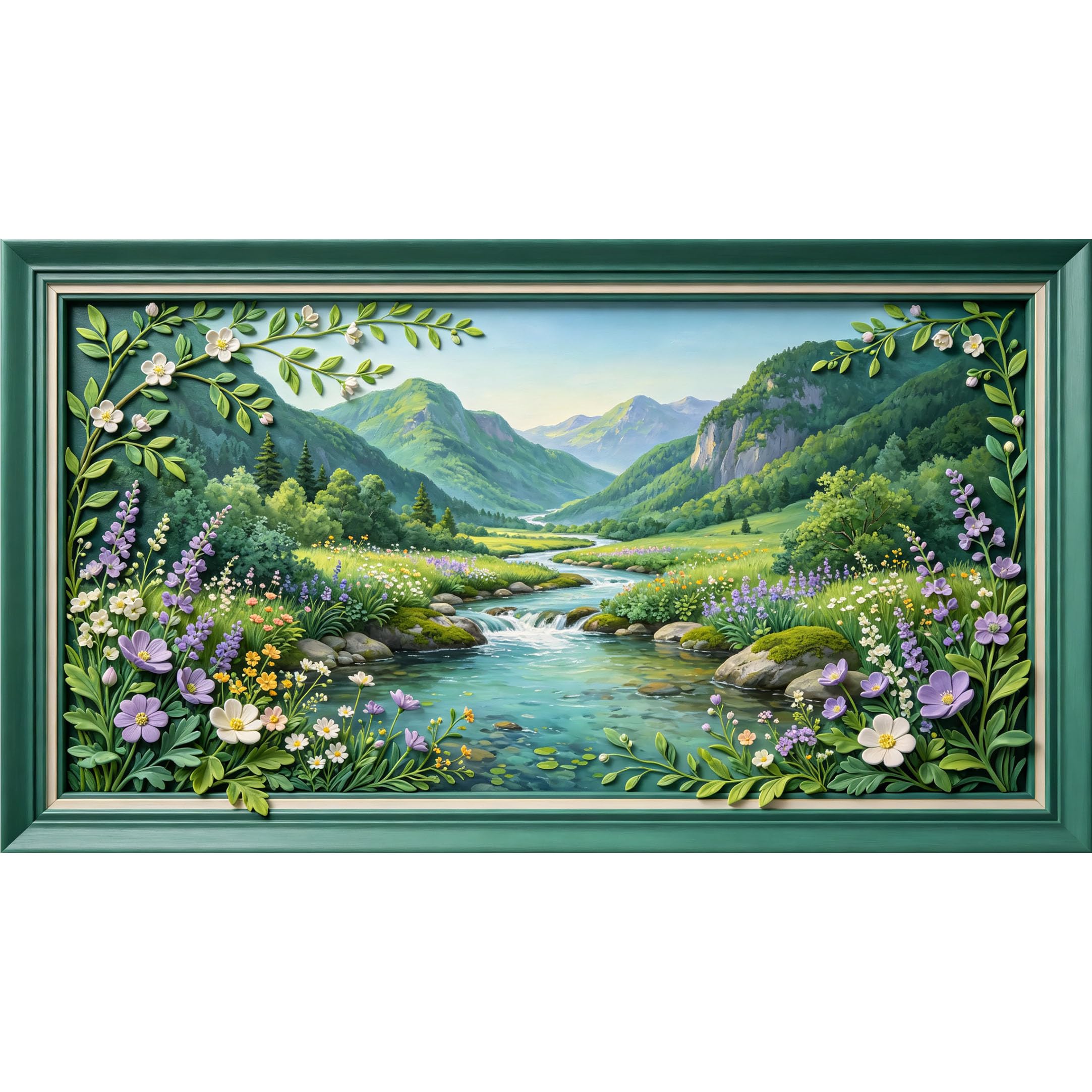 QZLITHOTIC 50×90cm3D Framed Wall Art， Mountain Stream Botanical Landscape SelfActivated Mural， WaterActivated Peel & Stick Fabric Decor Wall Decal for Bedroom Living Room