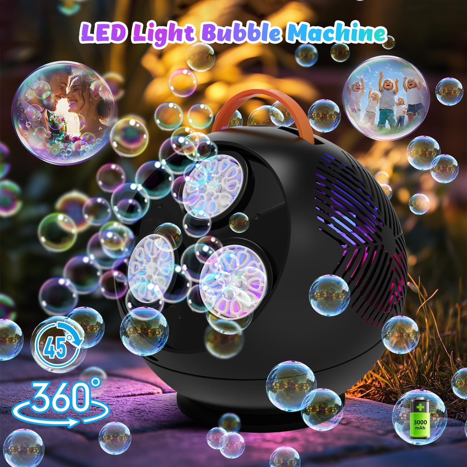 IFLOVE Bubble Machine for Kids 3+-45°/360° Rotating Bubble Blower with RGB LED Light,30000+ Bubbles Per Minute,Automatic Portable Bubble Maker for Boys Girls,Outdoor Party Easter Birthday Gift (Black)