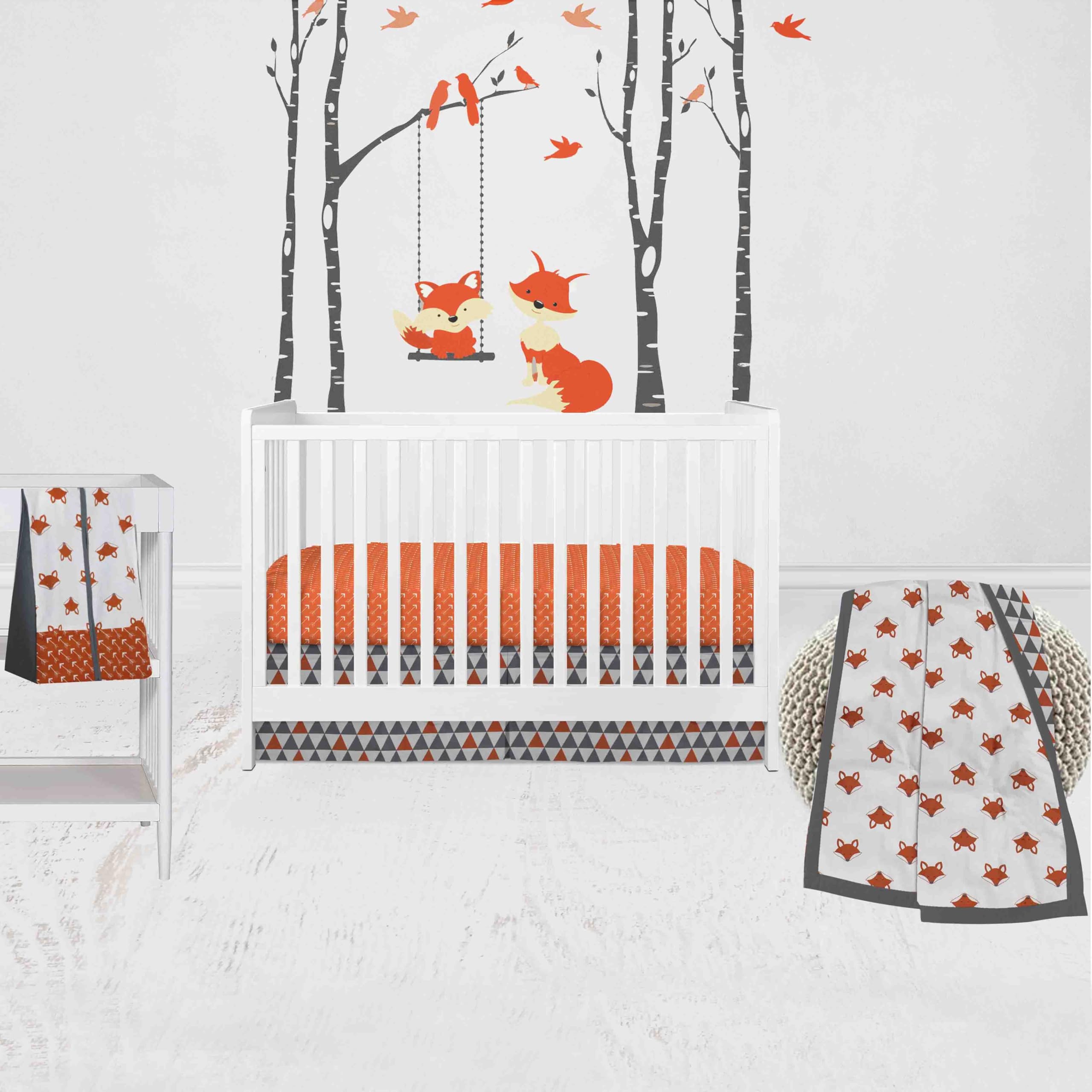Bacati - Playful Fox Orange Gray 4 Piece Crib Bedding Set with Diaper Caddy