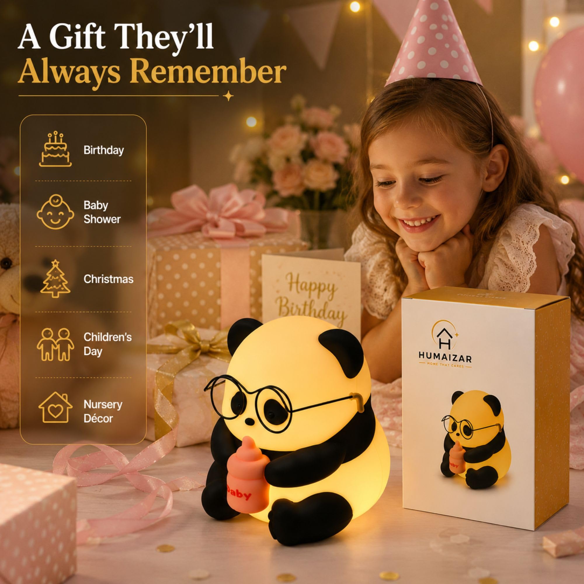 HUMAIZAR Baby Panda Night Lamp, Rechargeable 7-Colour Touch Light 1