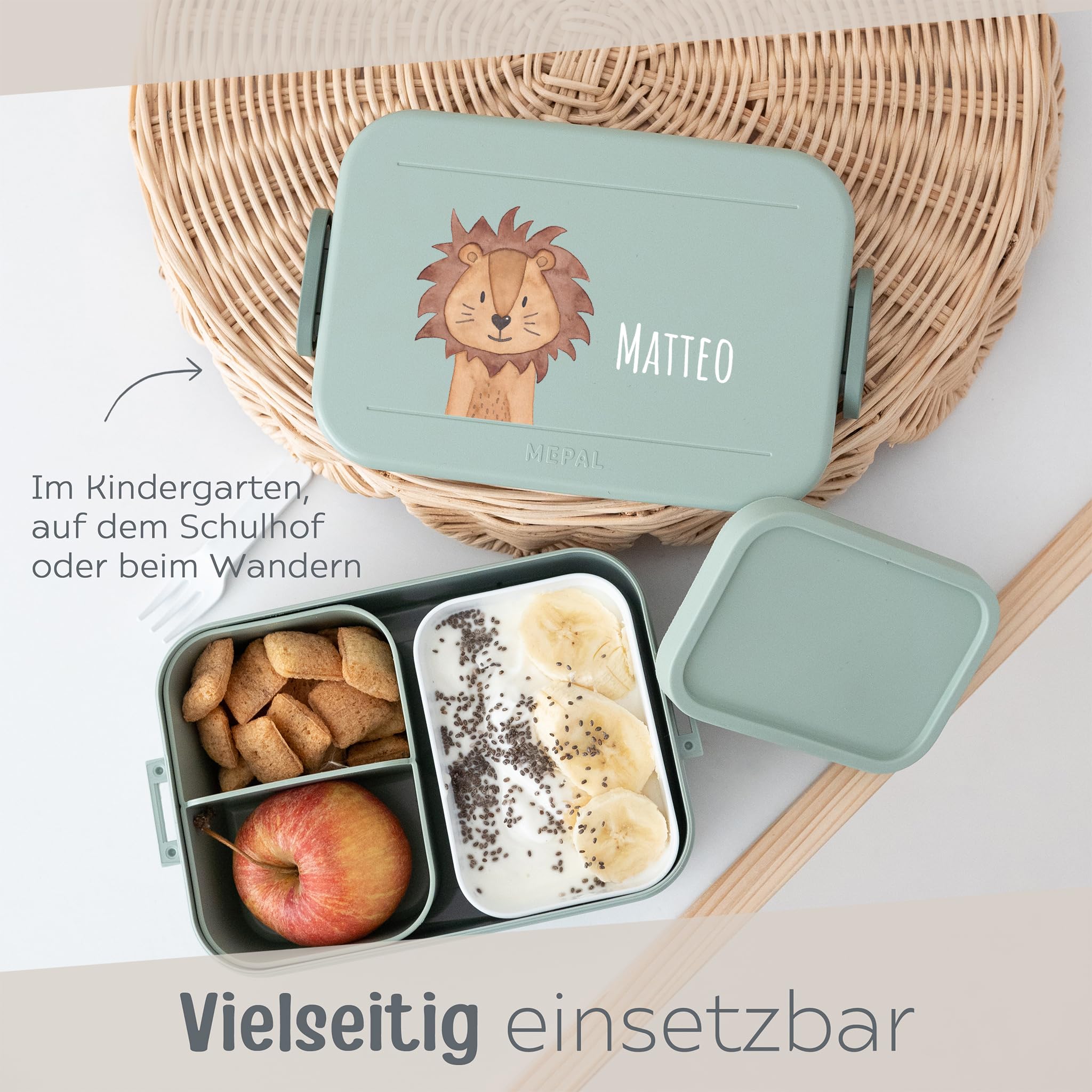 wunderwunsch MEPAL Brotdose Spülmaschinenfest Kinder, Lunchbox mit Einsatz für perfekte Ordnung, Spülmaschine, Mikrowellengeeignet, personalisiert mit niedlichem Motiv (Löwe, grün)