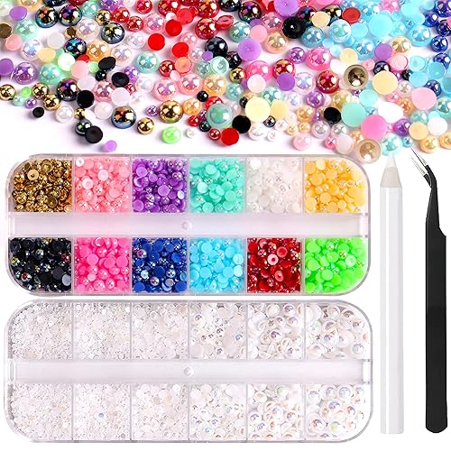 Dos cajas de 3600 piezas de perlas AB con parte trasera plana para manualidades, arte de uñas de varios colores, perlas semicirculares, kits de