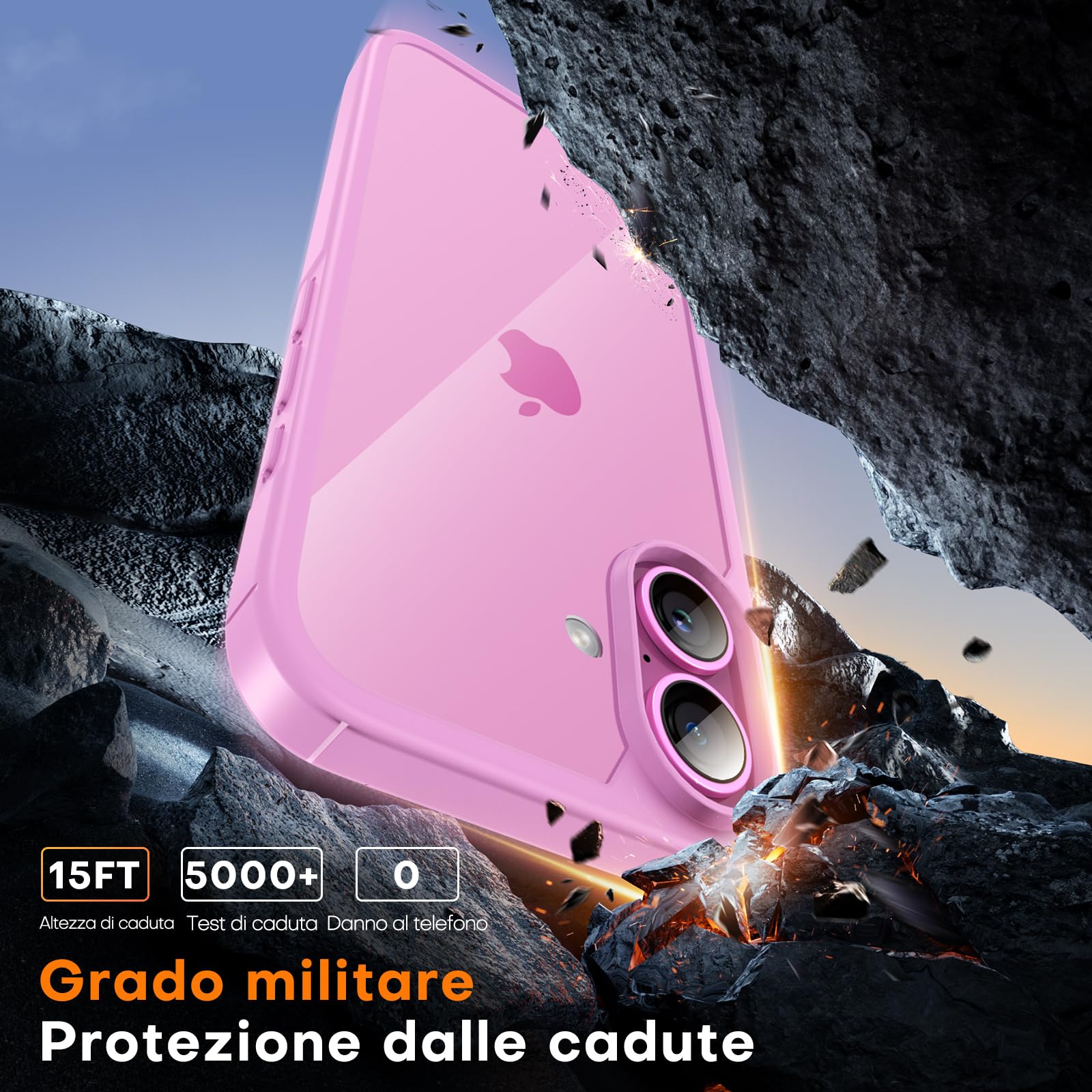 TAURI 3 in 1 Cover per iPhone 16 Plus, 1 Custodia [Anti-Giallo] + 2 Pellicole Vetro Temperato, Sottile Antishock, Anticaduta - Rosa Viola
