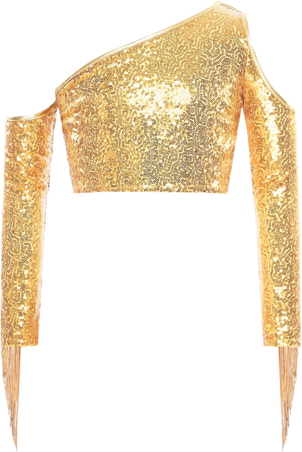 Oyolan Kids Girls Sequins 2 Piece Dance Outfit Tassel Crop Top with Pants Set Jazz Latin Ballroom Performance Dancewear Gold 14 Years