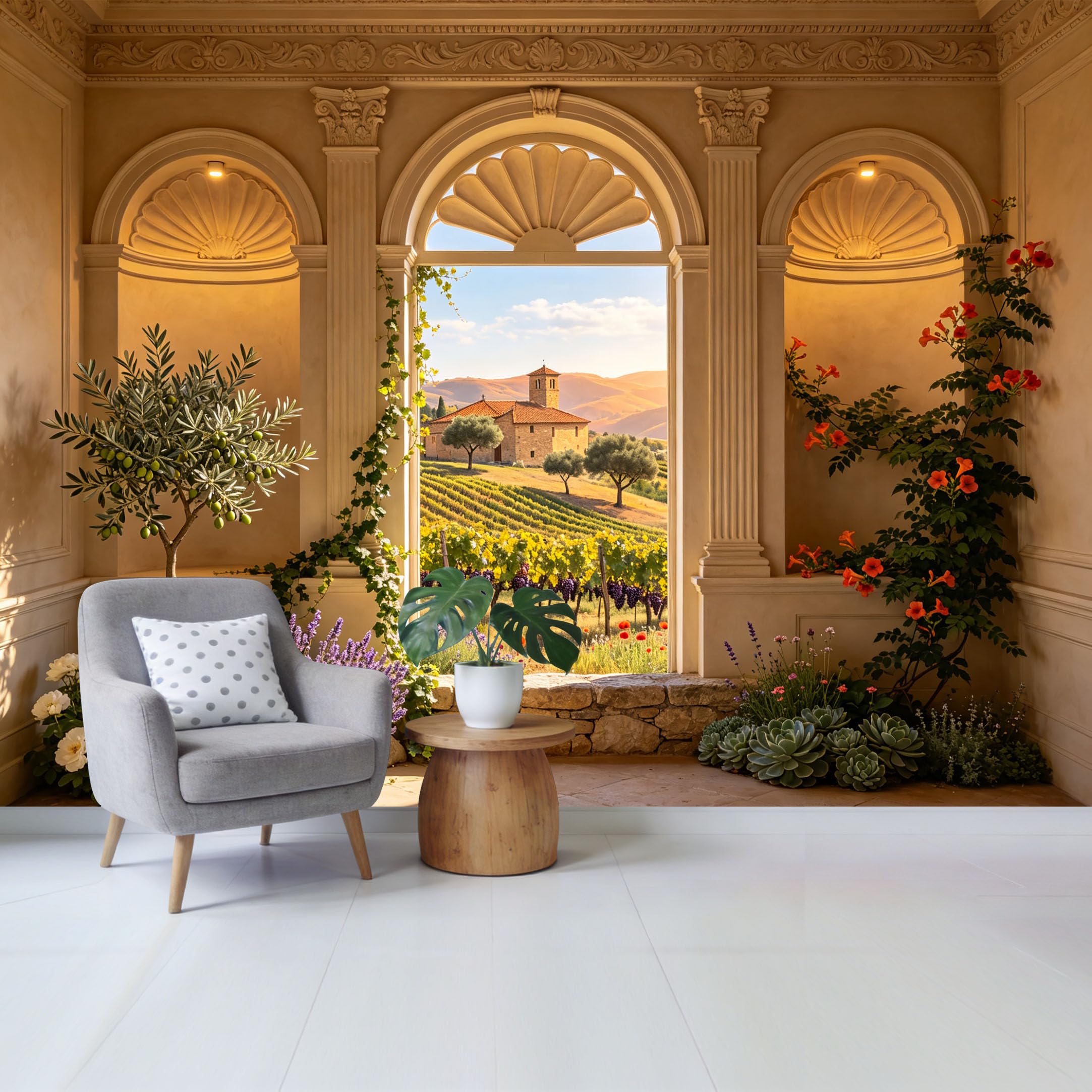 Removable Self Adhesive Fabric Mural， Tuscan Vineyard Landscape Custom Size Wall Covering， UV Protected Waterproof Washable Wall Decor for Living Room Bedroom Bathroom