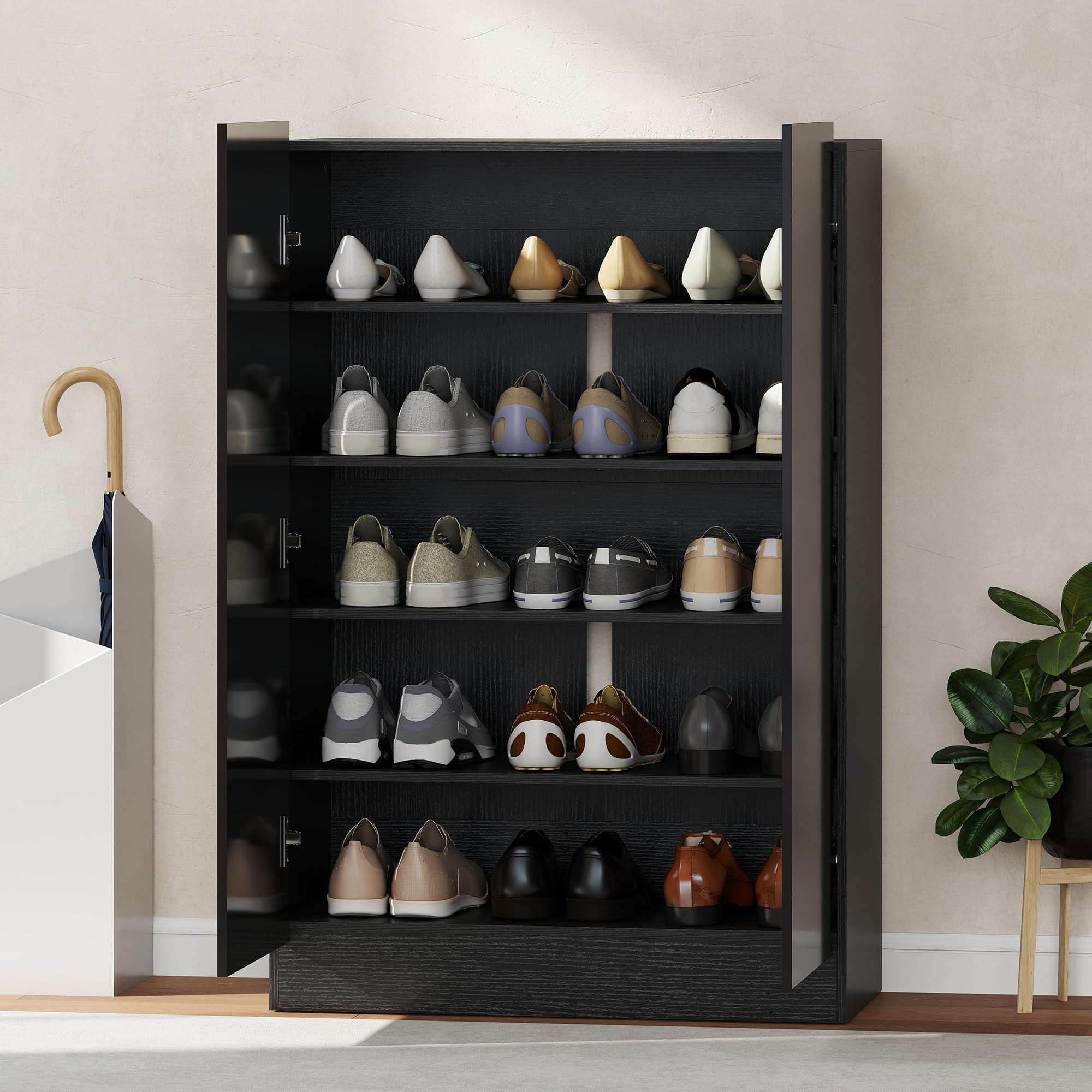 HOMCOM Zapatero de 2 Puertas Brillo con Cierre Suave Negro 72x34,5x103 cm | Zapatero Entrada Recibidor, Estantes Ajustables, Agujeros de Ventilación, para 20 Pares de Zapatos