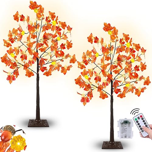 Control remoto y temporizador, decoración de otoño, paquete de 2 unidades, árbol de arce artificial preiluminado de otoño de 4 pies para el hogar,
