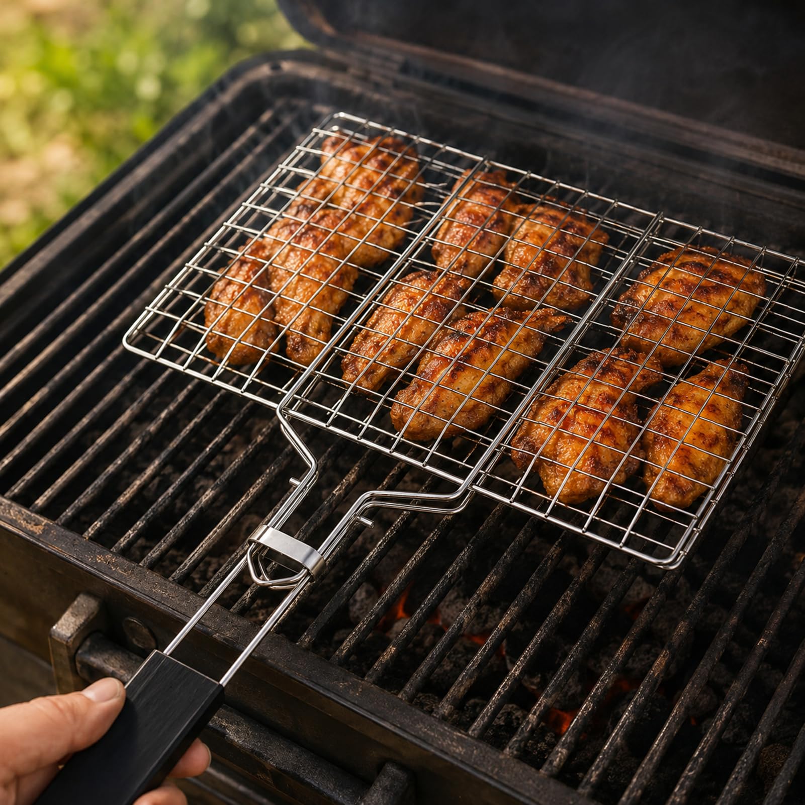 1 cestino per barbecue portatile in acciaio inox con pinza per alimenti e spazzola corta, accessori inossidabili, cestelli per grigliare, pinza pieghevole in rete con manico rimovibile per verdure