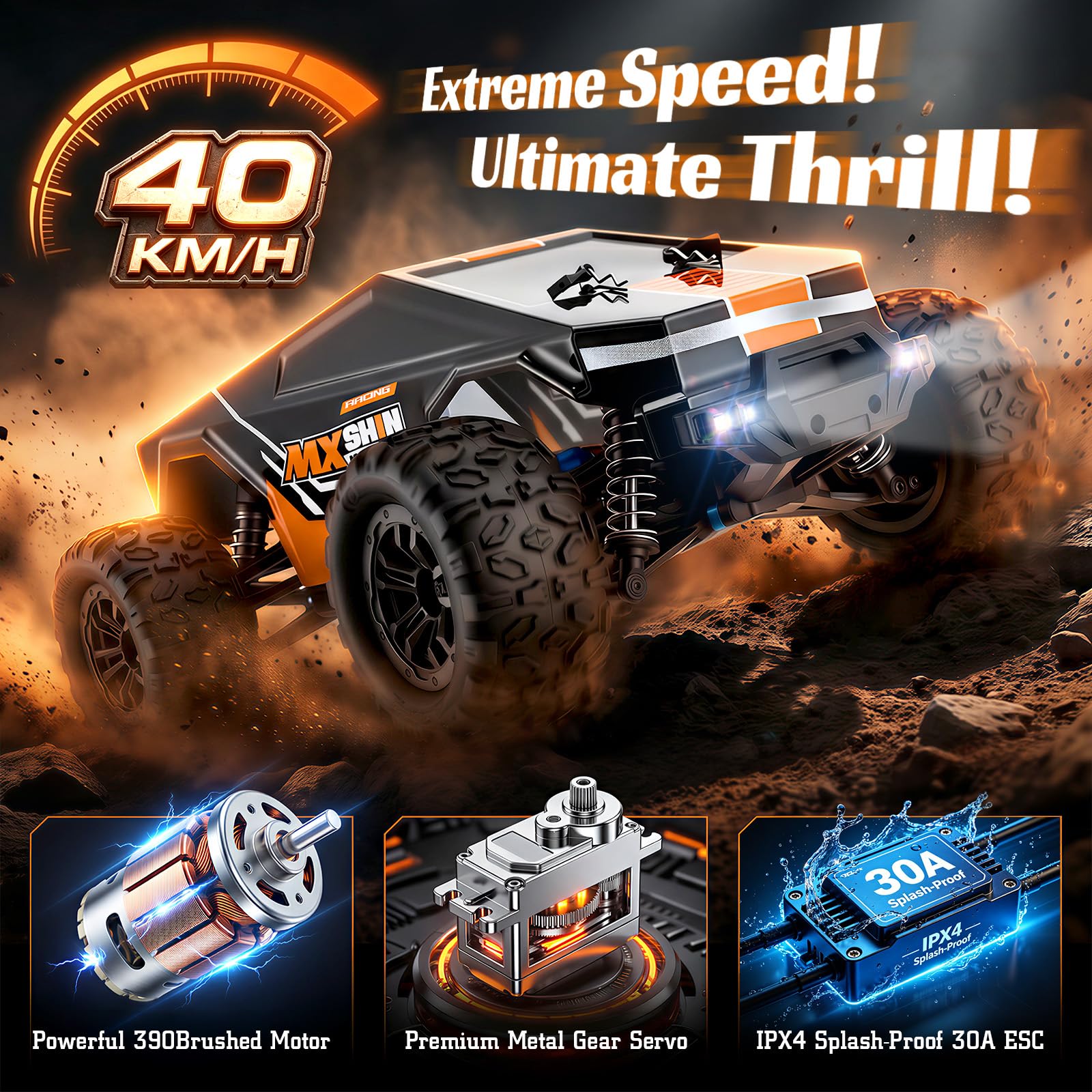 Ferngesteuertes Auto 1:18 für Erwachsene & Jungen, 40 km/h RC Car 4WD Offroad Truck mit Metallgetriebe und 2X 1500mAh Batterien, Kompaktes Geländefahrzeug für Outdoor Abenteuer