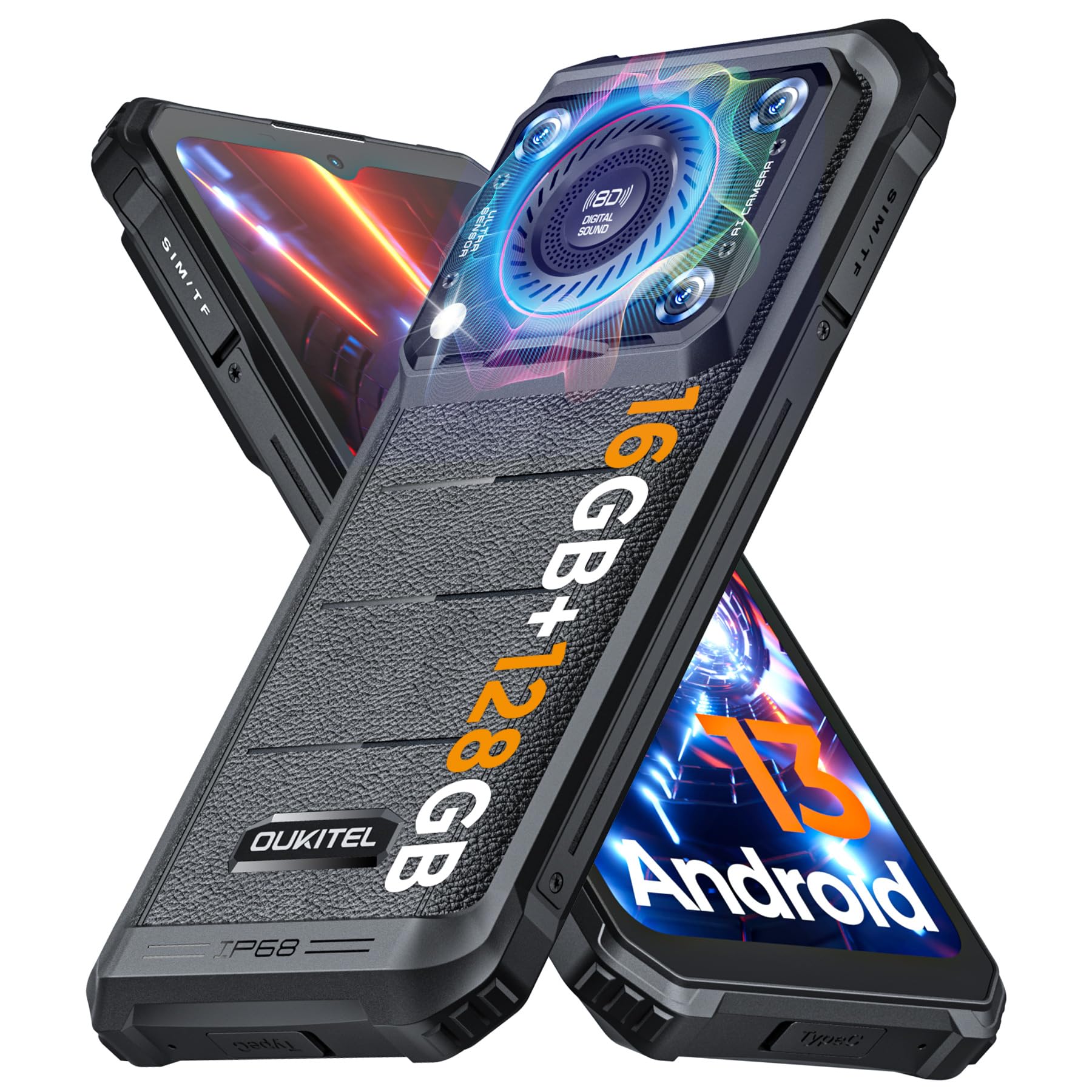 OUKITEL WP36 Outdoor Handy Ohne Vertrag mit 128dB Stereo Lautsprecher, 16GB+128GB Smartphone, IP68 Wasserdicht, 10600mAh 6.52" HD+ Display Android 13, MediaTek, 13MP Kamera, Dual SIM, OTG, 4G