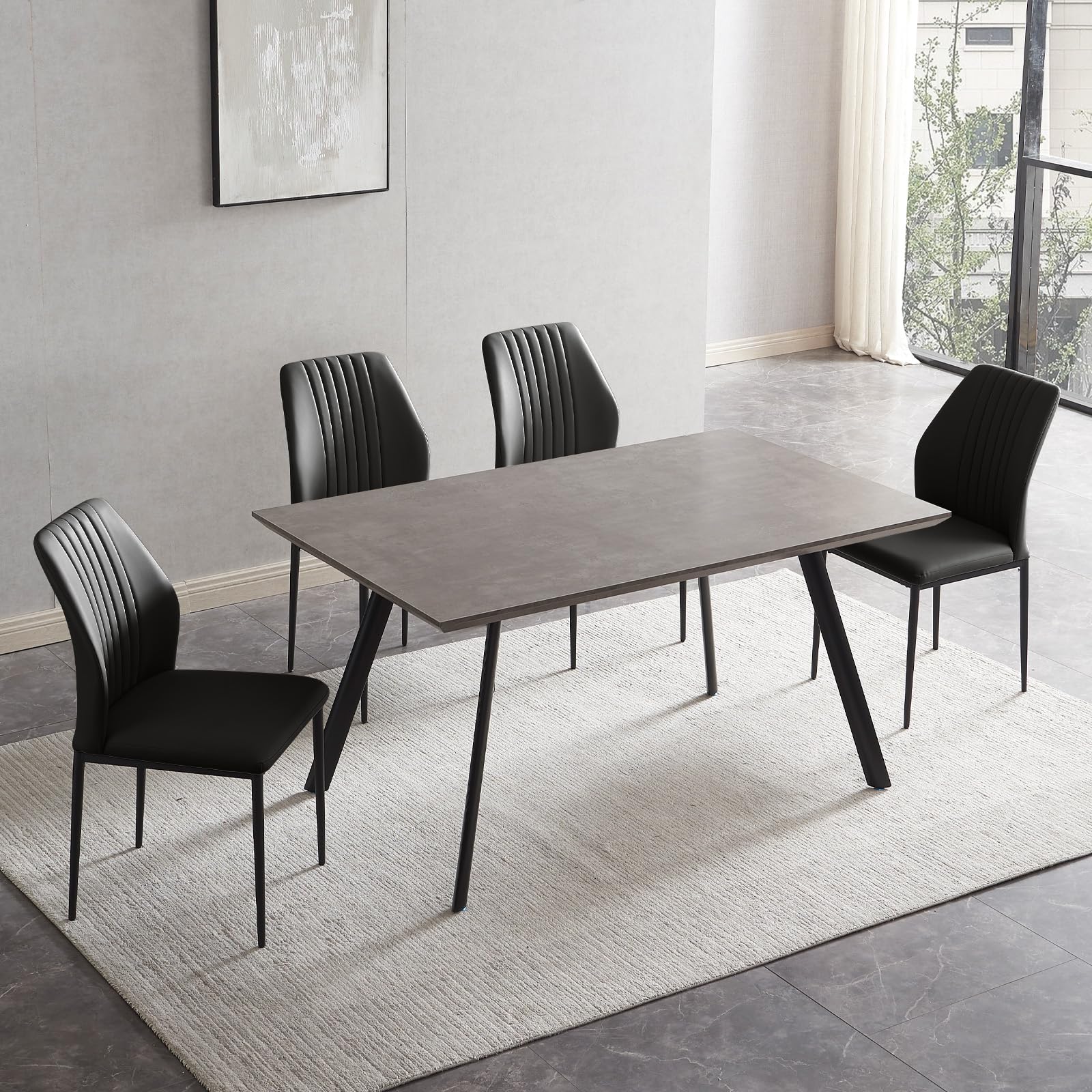 ZckyCine 46.5" Modern 5-Piece Kitchen Table Set Rectangular Wood Dining Table with 4 Upholstered Leather Chairs