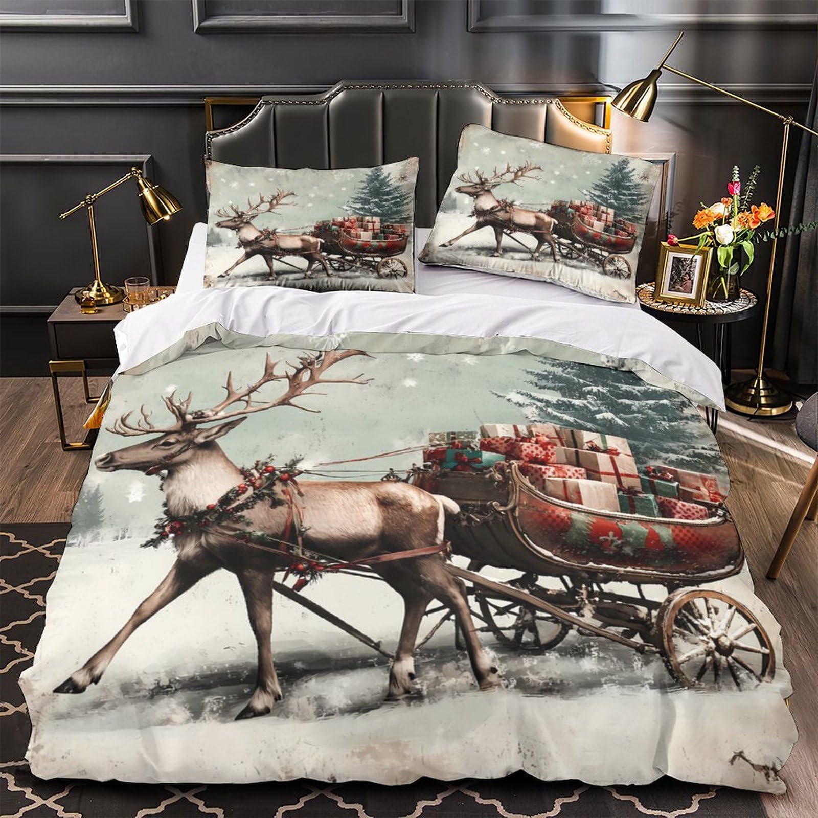 Renne de Noël drap de couette 3D haut de gamme en microfibre vintage