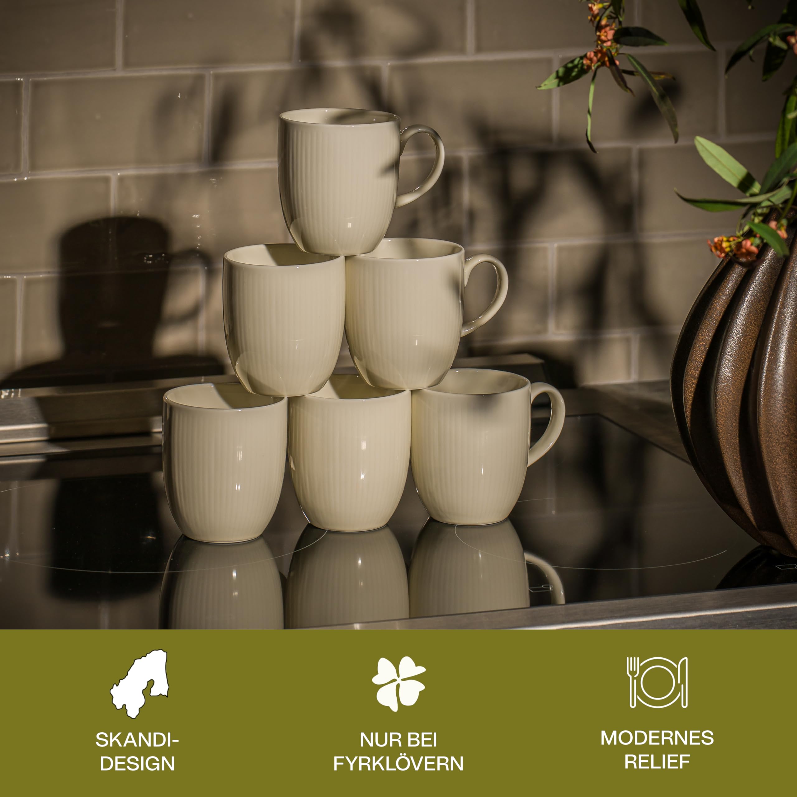 Nordic Dawn Kaffeetasse, 4er-Set, 350 ml, Porzellan, Spülmaschinenfest, Reliefmuster, Beige (Stroh)