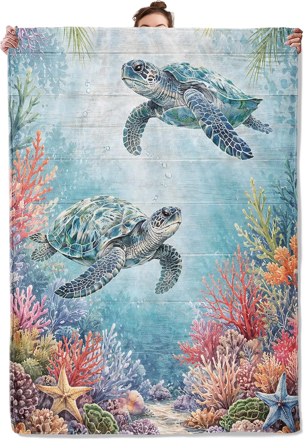 Watercolor Sea Turtle Throw Blanket, Coastal Marine Life and Ocean Reef, Soft Flannel Fleece, 50x60 Inch, Sofa Bed Couch Blankets for Beach Lovers, Cozy Nautical Home Decor Gifts