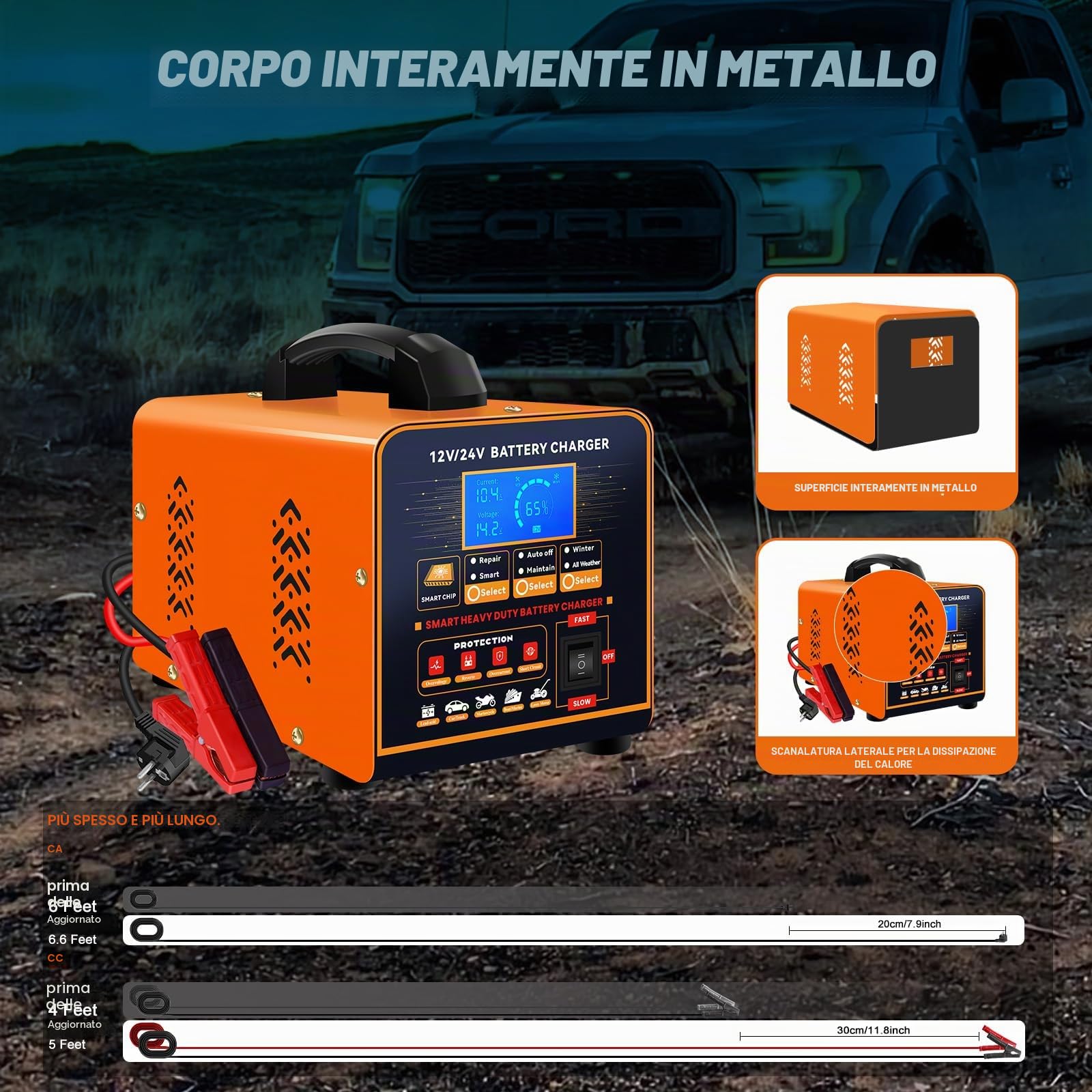 20A Caricabatterie Professionale Metal 12V/24V Manutentore Automatico Caricatore Intelligente con Arresto Automatico, Riparazione, Modalità Invernale per Auto Camion Moto (Piombo, AGM, GEL)