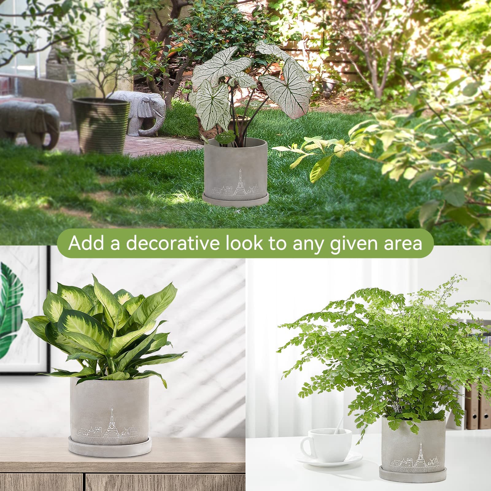 Ekirlin 16.5cm Flower Plant Pot Indoor, Grey Cement Garden Planter Concrete Planter with Drain Hole Saucer - Image 2