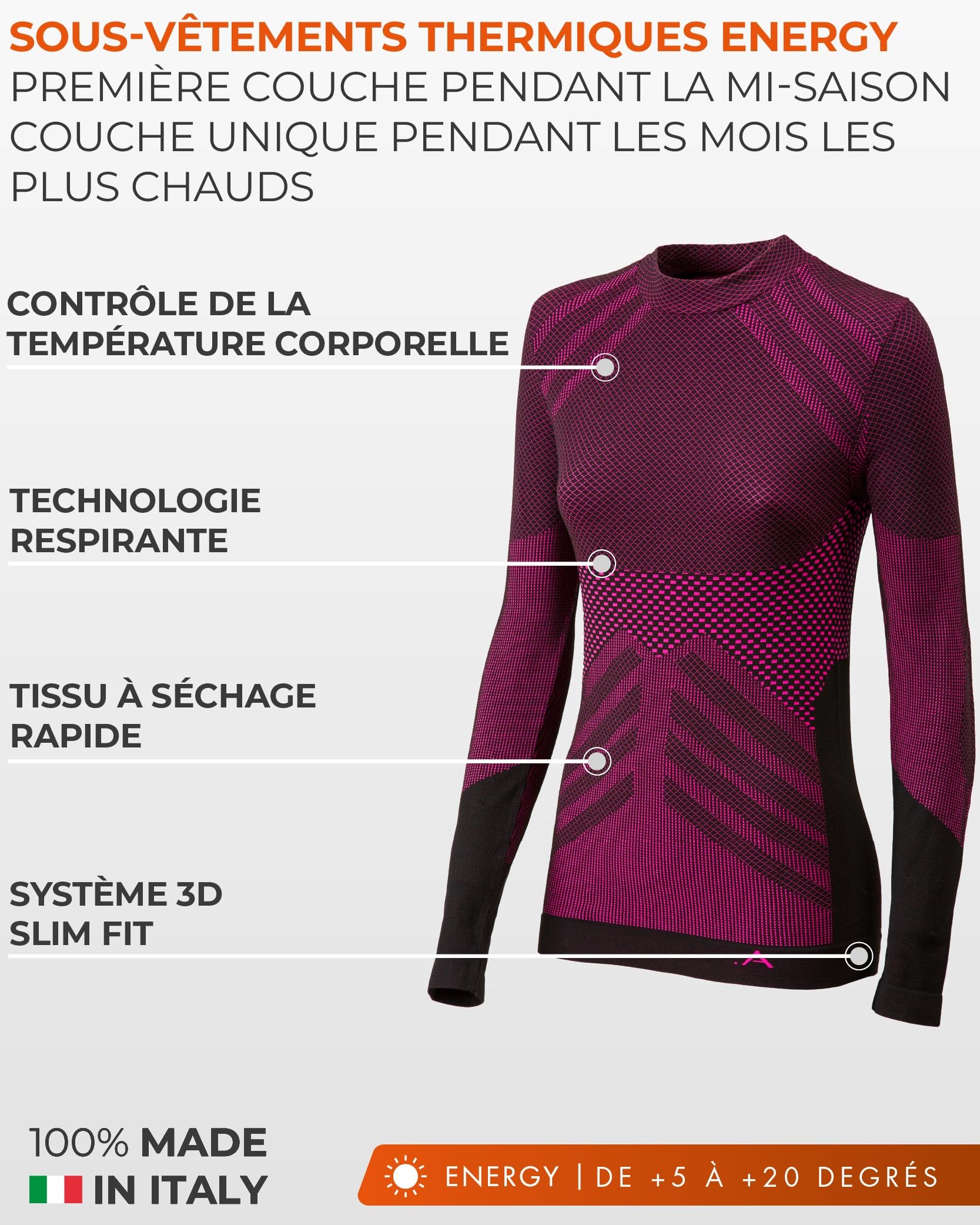 Risalti Debardeur Femme Thermique Manche Longue Energy - sous Vêtement Thermique Femme élastiques et Respirants, Haut Thermique Femme, Débardeur Femme Tee Shirt Femme sans Couture - Made in Italy