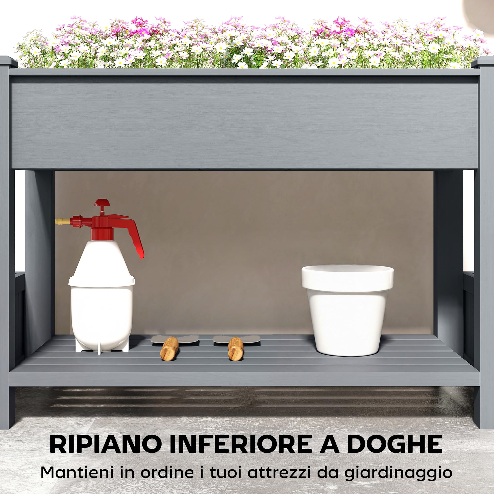 Outsunny Letto per Orto Rialzato in Abete con Ripiano e 2 Vasi Laterali Pieghevoli, Fioriera Rialzata da Esterno con Fori di Drenaggio per Verdure Fiori, 149x46x76cm, Grigio
