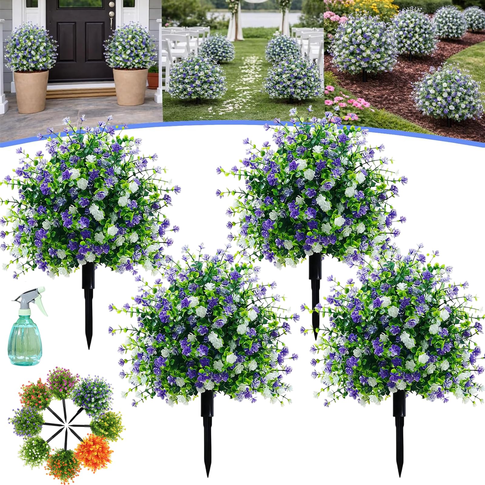Artificial Potted Trees with Ground Stakes, UV Resistant Faux Plants for Outdoors, Realistic Artificial Outdoor Topiary Bushes in Pots, Fake Garden Shrubs for Front Porch Patio Decor (A,4 Pcs)