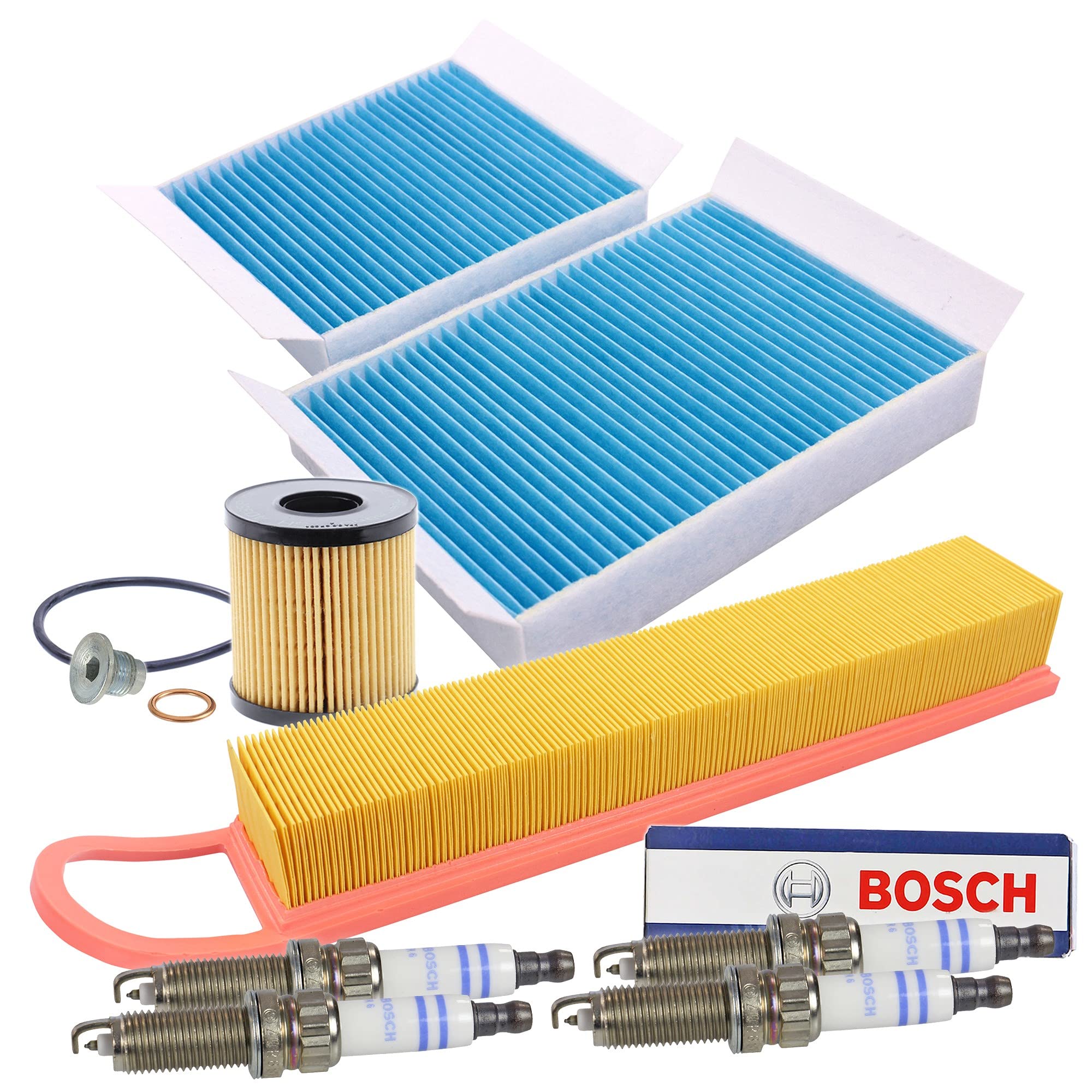 ATEC Germany Set di filtri con 1x filtro aria, 2x filtro aria abitacolo, 4x candela ZQR8SI302, compatibile con CITROËN C3 II (SC_), DS3 (SA_), PEUGEOT 207 (WA_, WC_)(WD_)(WK_), 208 I (CA_, CC_)