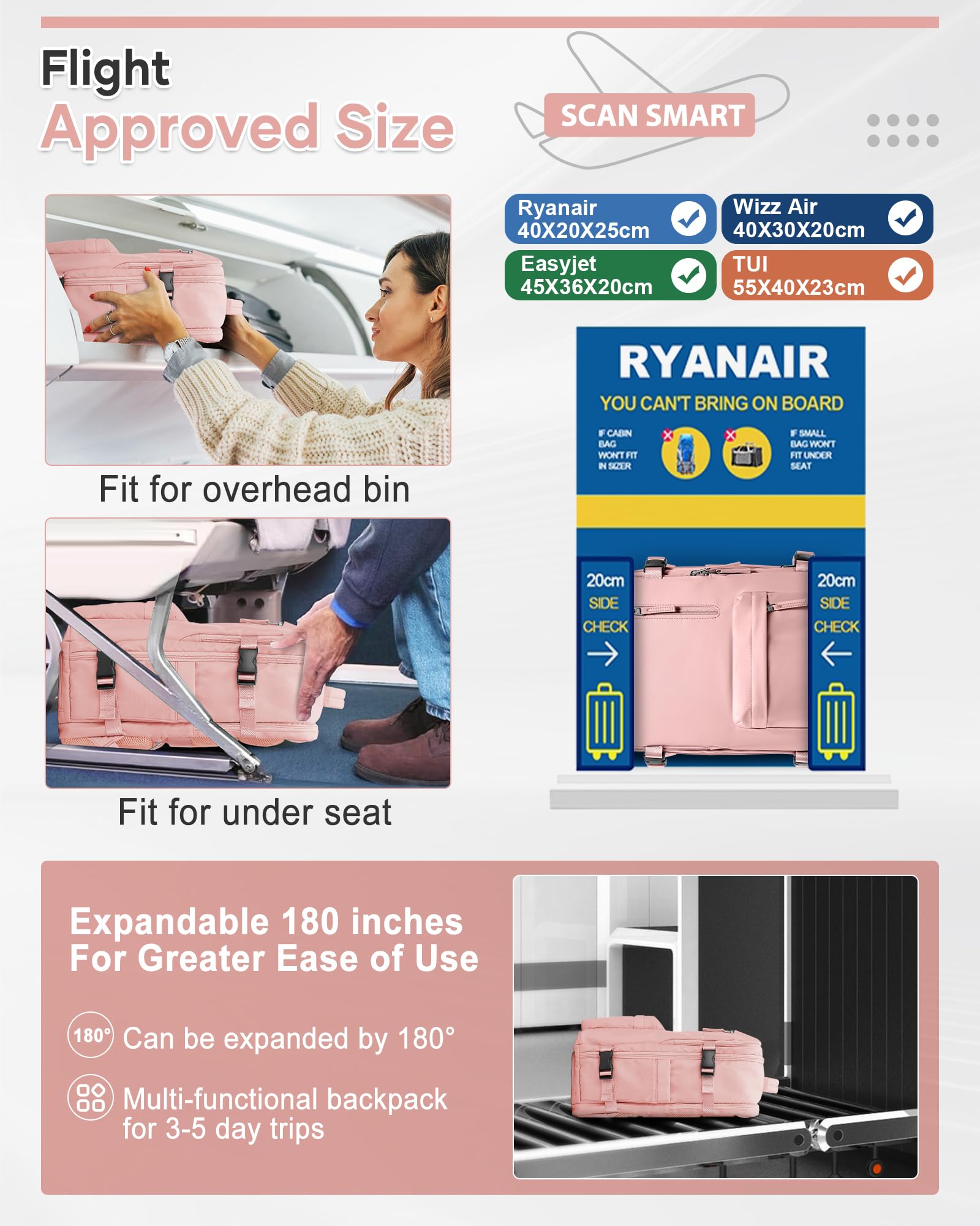 BJLFS Borse da Cabina per Ryanair 40×20×25 Bagaglio a Mano Easyjet 45×36×20 Borsa Zaino da Viaggio, Zaino da trekking,Zaino Casual per laptop da 14 pollici per scuola