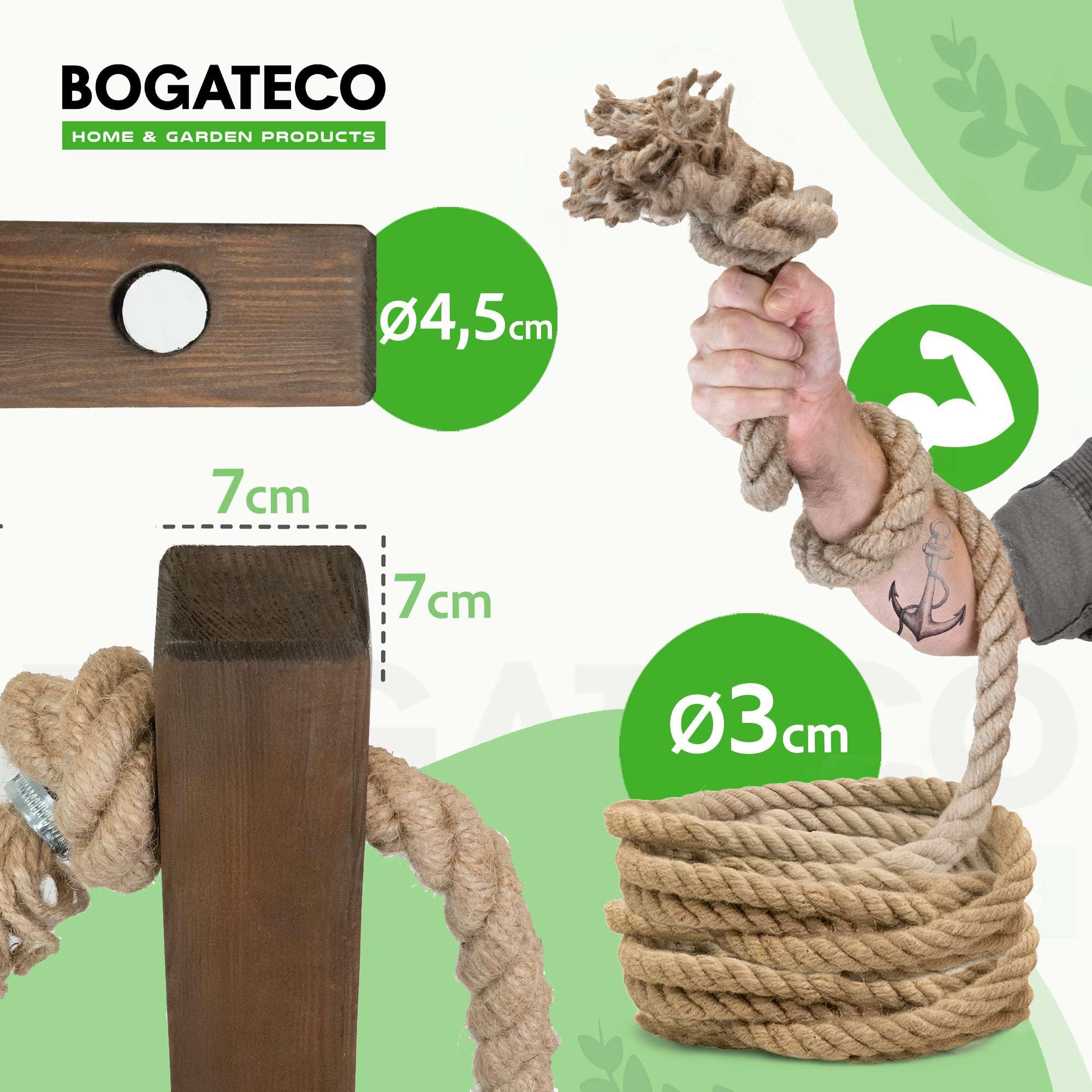 BOGATECO Panel de valla de madera con cuerda de yute, valla de vela, 8 m, 13 longitudes diferentes, kit de montaje que incluye funda de base con placa de enchufe