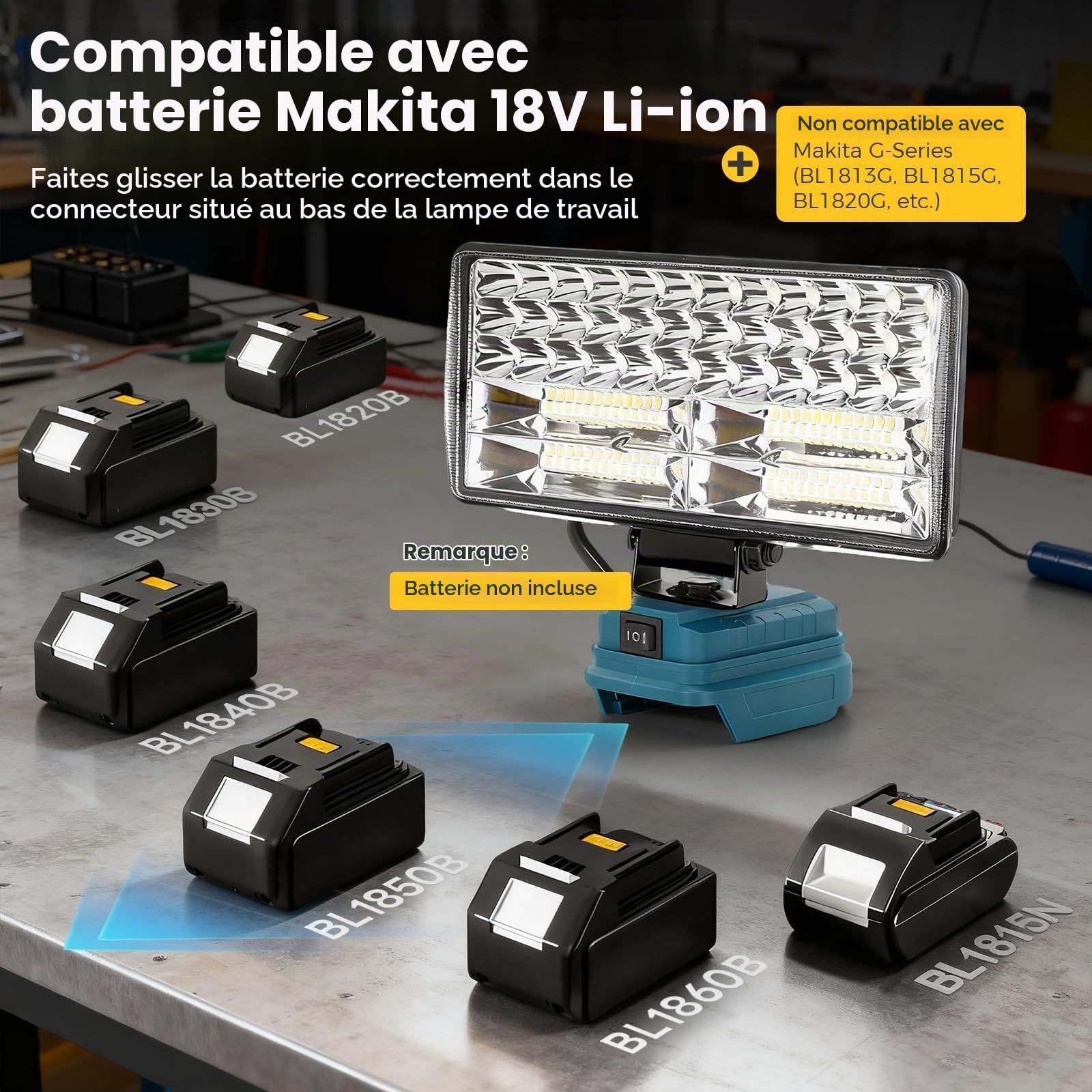 Lampe de Chantier pour Makita 18V, 6000LM Projecteur Chantier Portable, 2 Modes, Lampe LED Rechargeable avec 2 Ports Chargement USB, IP65, pour Garage, Camping, Panne de Courant (sans Batterie)