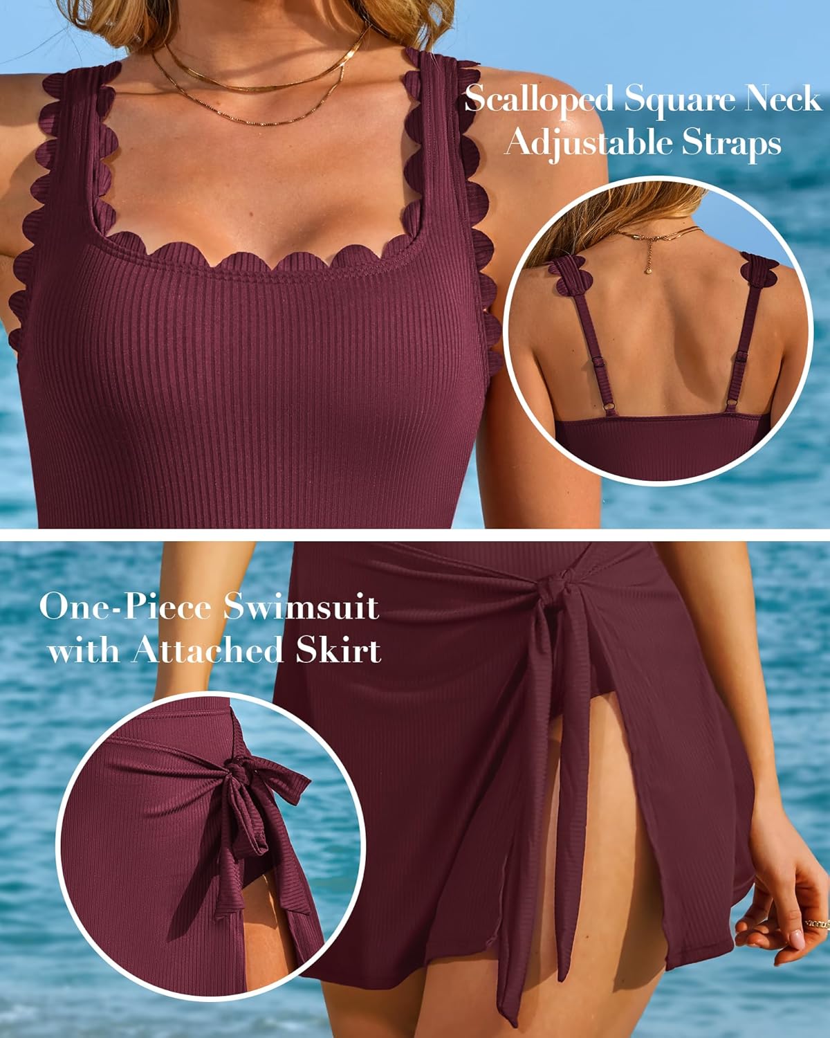 Charmo One Piece Swim Dress Scalloped Square Neck Modest Swimsuits for Women Tummy Control Bathing Suit with Skirt - Image 4