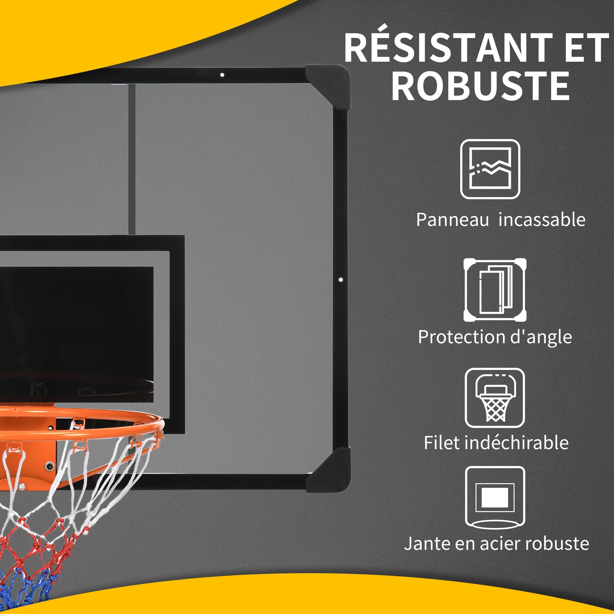 SPORTNOW Panier de Basket Mural, Panier Basket, avec Panneau incassable, Cerceau en Acier et Filet indéchirable, vis de Montage et clé, pour extérieur, Noir, Transparent, Orange
