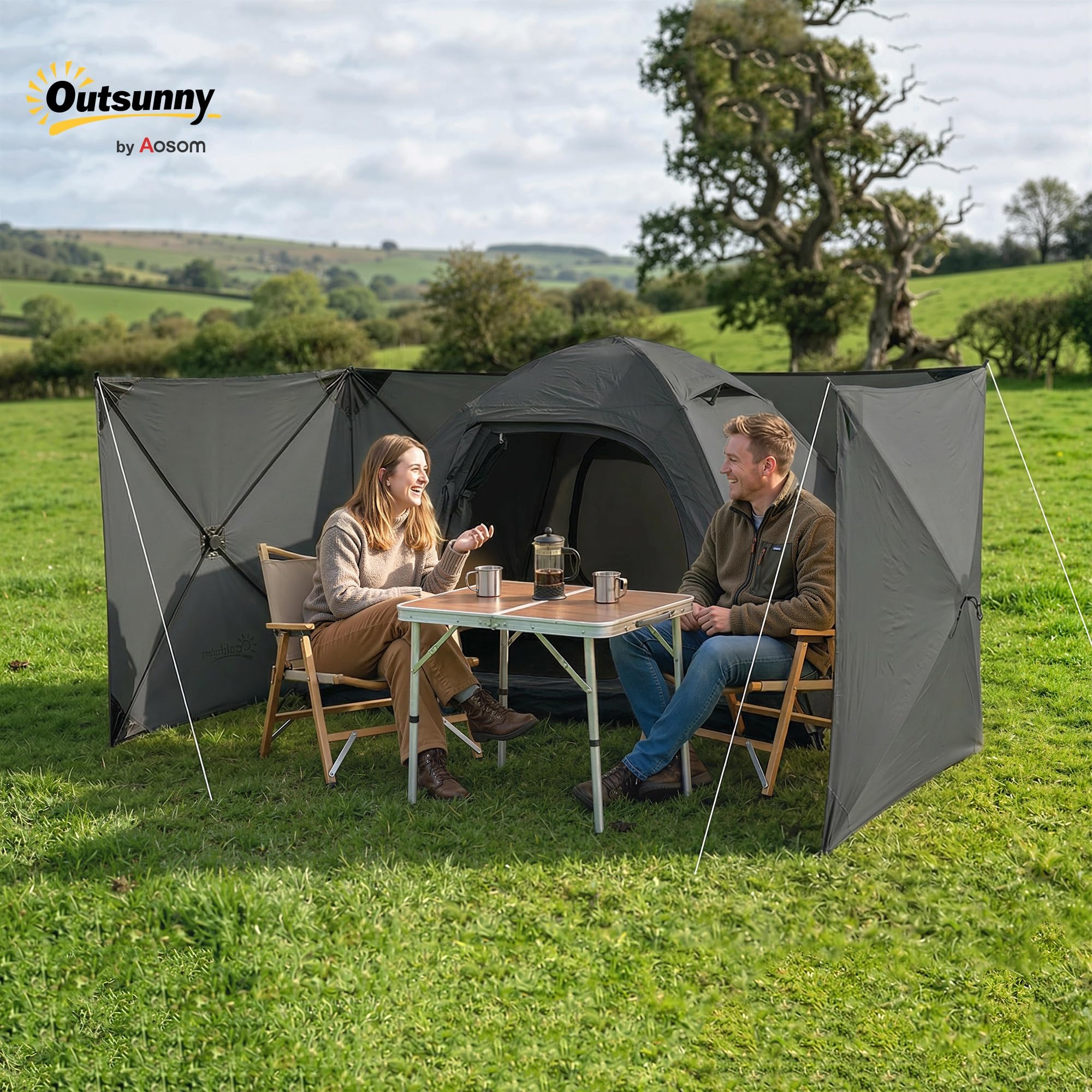 Outsunny Windschutz Faltbar Camping Sichtschutz 480 x 120 cm Dunkelgrau mit Spannleinen, Bodenhaken, Tragetasche, Windfang Zaun, Strandwindschutz 