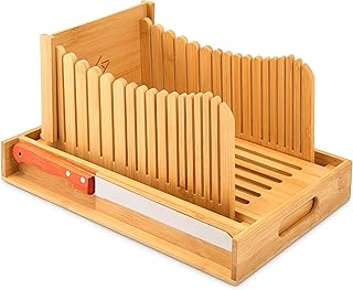 Bread Slicer, Bamboo Foldable Bread Slicer for Homemade Bread, Bread Cutter, Bread Slicing Guide with 3 different sizes- comes with a Bread Knife for Homemade Bread and a Mesh Bag