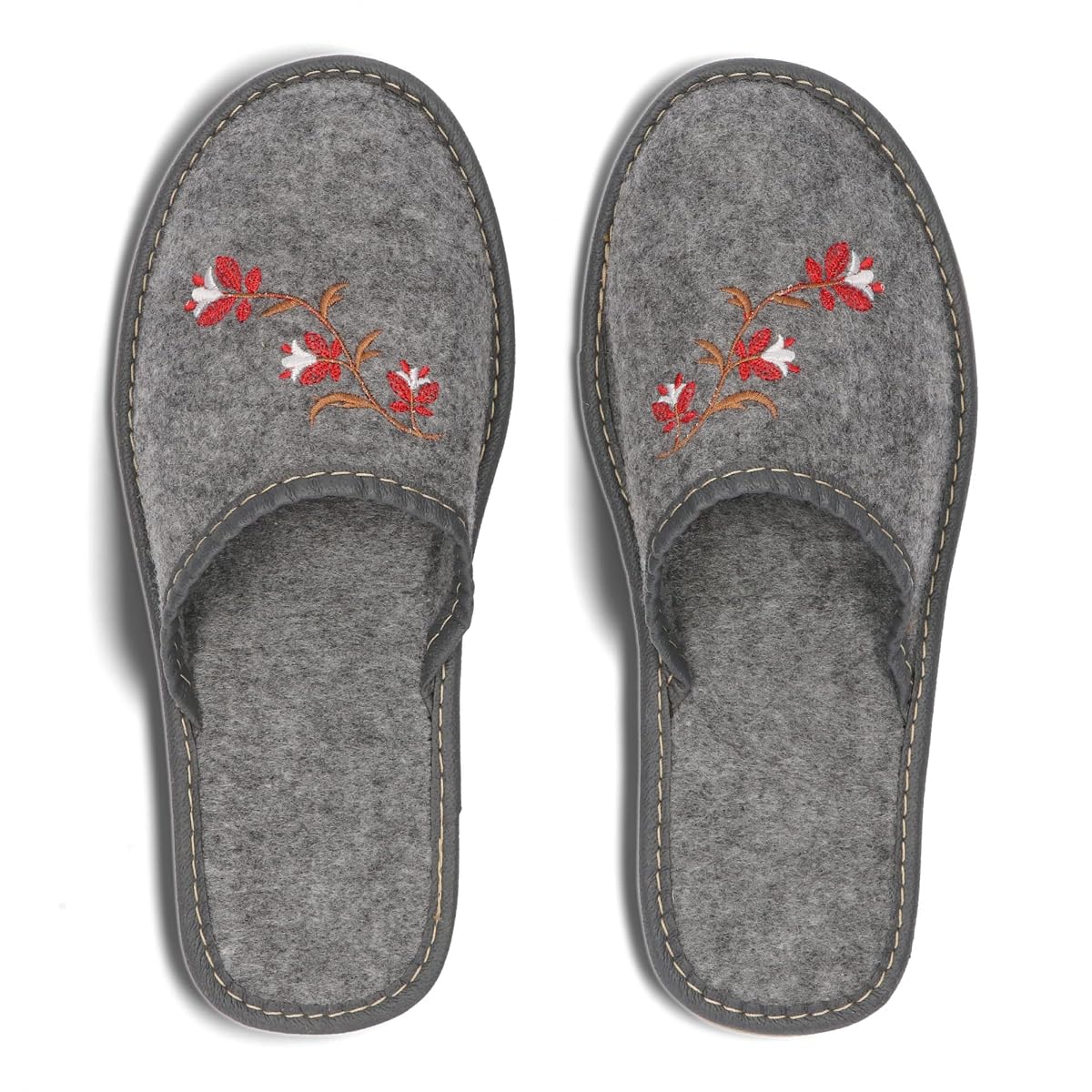 BeComfy Kapcie damskie filcowe z haftem kwiaty pantofle domowe klapki lekkie filc szary 36-41 EU