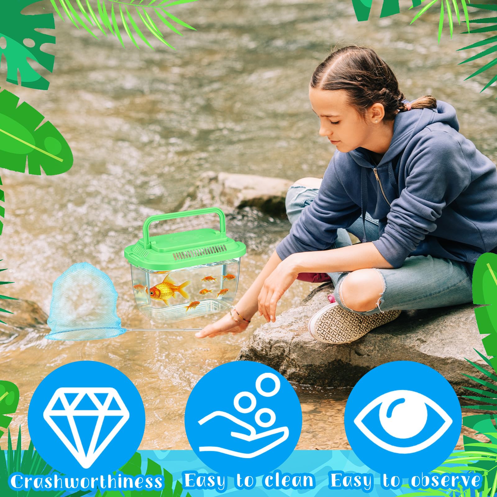 Set da 12 ciotole per pesci e reti da pesca, 12 set di piccole ciotole in plastica trasparente con coperchi ventilati e reti da pesca, bomboniere per feste estive all'aperto, regali per
