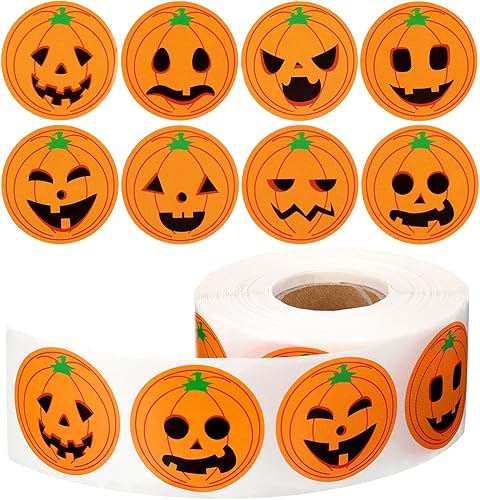 Miniatura 1 de Outus 800 calcomanías de calabaza de Halloween, calcomanías de cara de rollo de Halloween, calcomanías de cara redonda de Jack O Lantern,