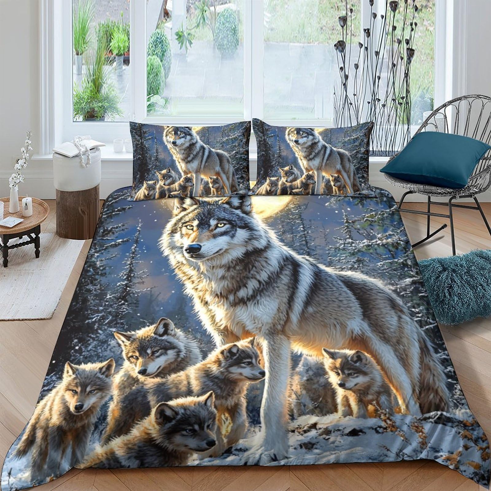 Ctjqhvkz Style-4 3D Printed Wolf Forest Fitted Sheet Microfiber Soft Breathable Night Wolves Mattress Cover For Bedroom Dorm Protection Decor Single（135X200cm）