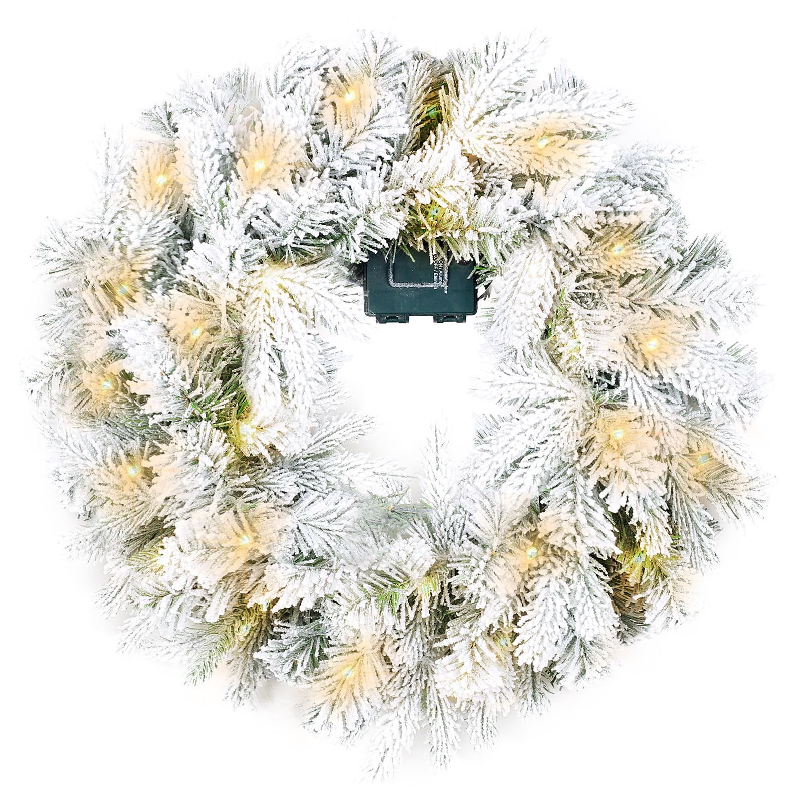 Gfilay Couronne de Noël floquée pré-éclairée, couronne de Noël blanche pour porte d'entrée avec 50 lumières LED, couronne de Noël à piles, couronne de Noël de 50,8 cm