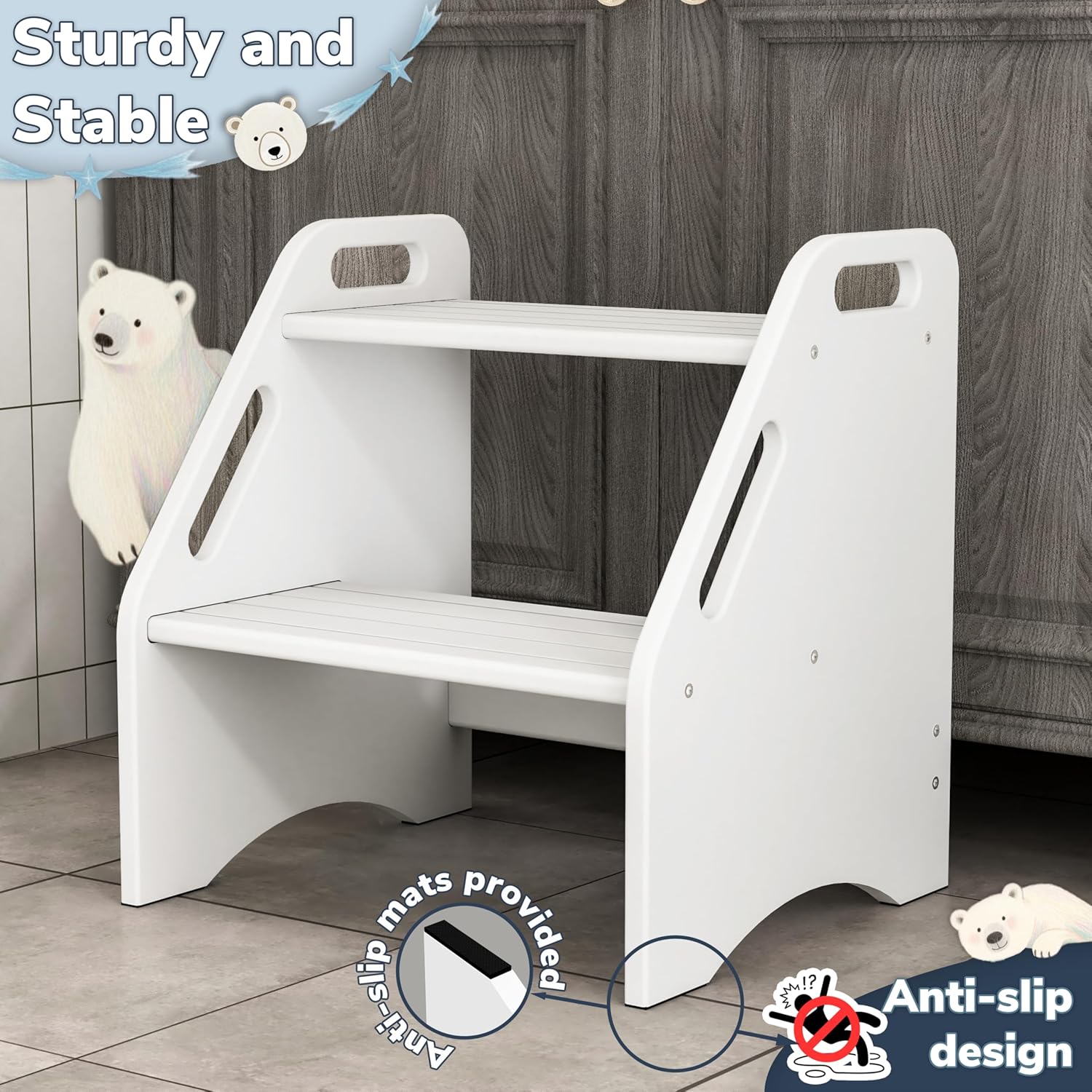 AMBIRD Wooden Step Stool, 15.75'' H 300 lbs Capacity with Safety Non-Slip Pads and Handles, Kitchen Step Stools, Bamboo Step Stool for Bathroom, High Beds (White)