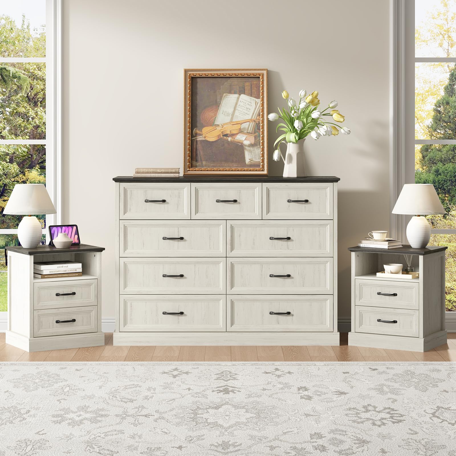 CARPETNAL Farmhouse Dresser and Nightstand Sets for Bedroom, 3 Pcs Bedroom Set, 9 Drawer Dresser & Nightstand Set of 2, Modern Wood Chest of Drawers